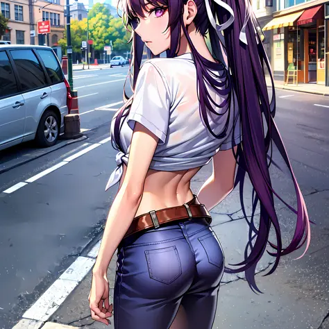 a masterpiece of、beste-qualit、hi-res、kaori1、女の子1人、独奏、scabbarded、asymmetrical clothing、navel、purple eye、extra very long hair、tied...