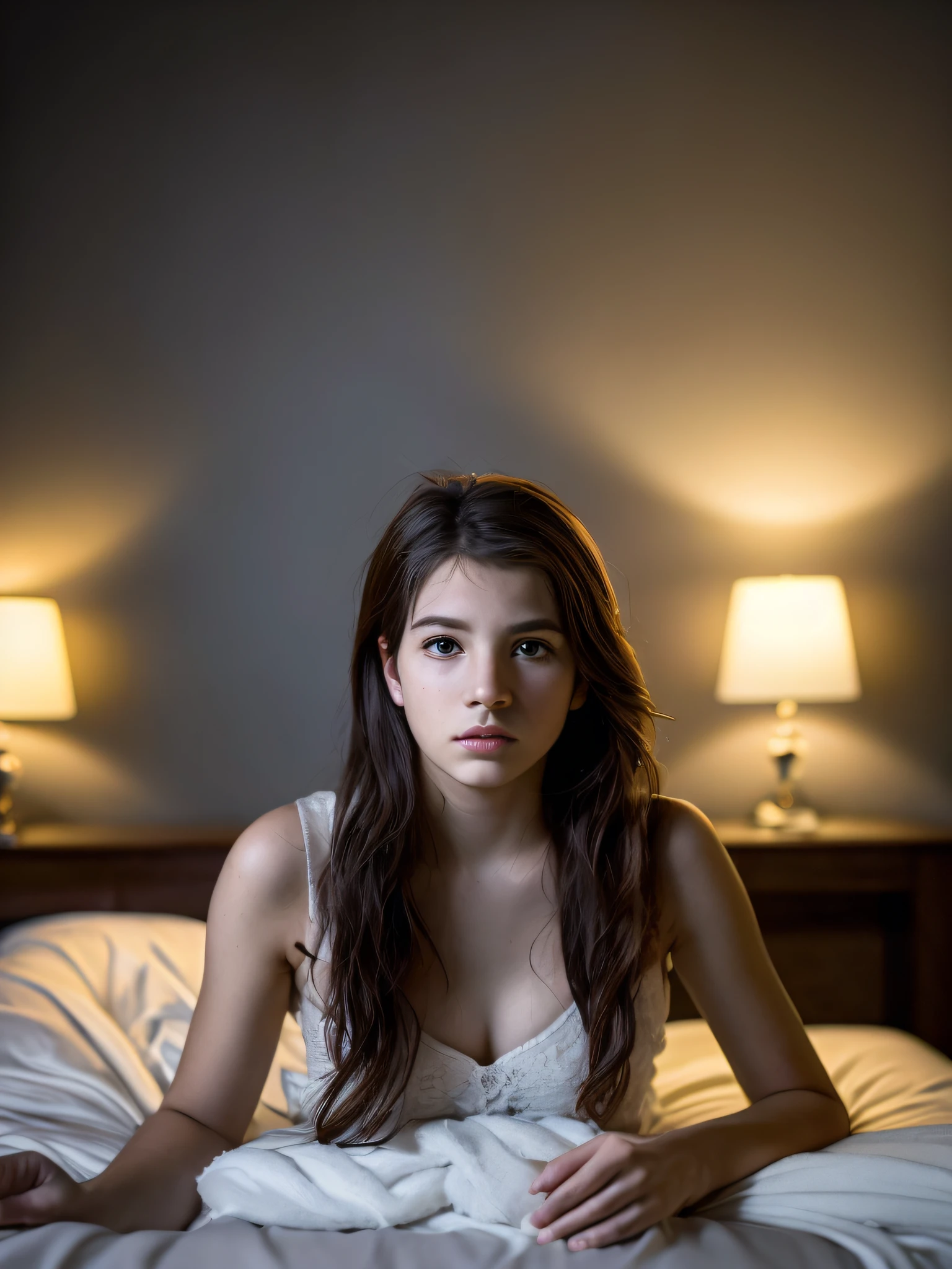 Retrato de una linda niña de 15 años con una cara perfecta y hermosa, ruso, en bragas, en la cama (estudo privado oscuro, oscuro, Luz atmosférica: 1.2), mamilos duros