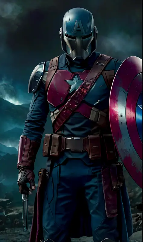 An ultra-realistic and extremely detailed portrait of Captain America as a Mandalorian, wearing a helmet that combines the winged design and the letter A of his classic mask with the T-shaped format of the traditional Mandalorian helmets. The helmet’s refl...