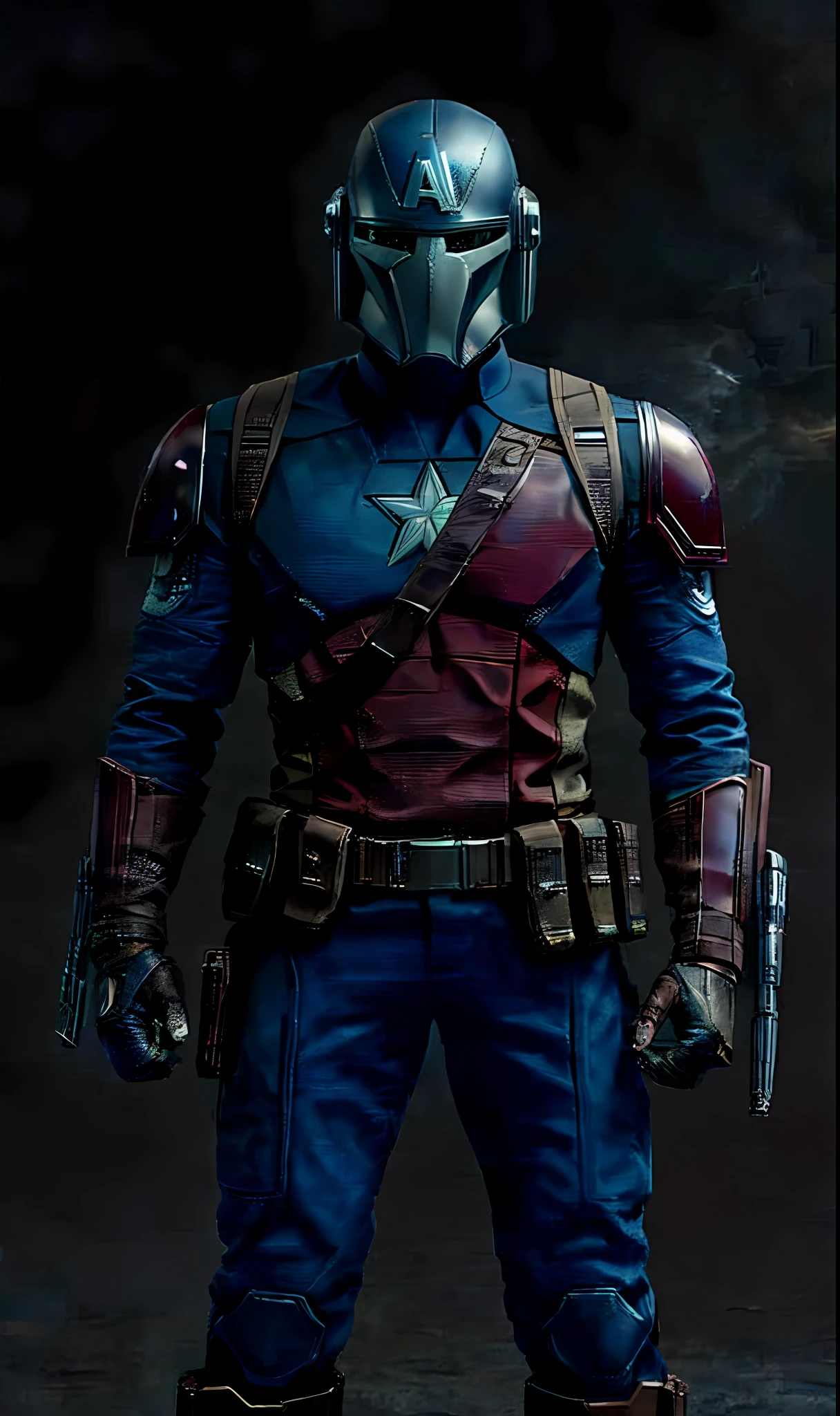 An ultra-realistic and extremely detailed portrait of Captain America as a Mandalorian, wearing a helmet that combines the winged design and the letter A of his classic mask with the T-shaped format of the traditional Mandalorian helmets. The helmet’s reflection shows the intensity of the battle around him, with explosions, lasers and spaceships. He holds his iconic shield, which now has a mix of vibranium and beskar steel, reflecting the world around him on its polished surface. His posture is vigilant and ready for combat. The backdrop is a dark and smoky battlefield, under a cloudy sky, as if rendered by Unreal Engine 5, giving a tangible sense of imminent danger and high stakes. This piece has an anime influence, inspired by the Niji model, adding a stylized edge to the hyper-realism. The portrait orientation with a ratio of 9:16 completes the epic composition. BREAK