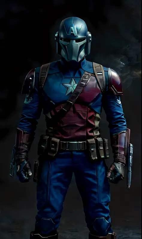 An ultra-realistic and extremely detailed portrait of Captain America as a Mandalorian, wearing a helmet that combines the winged design and the letter A of his classic mask with the T-shaped format of the traditional Mandalorian helmets. The helmet’s refl...