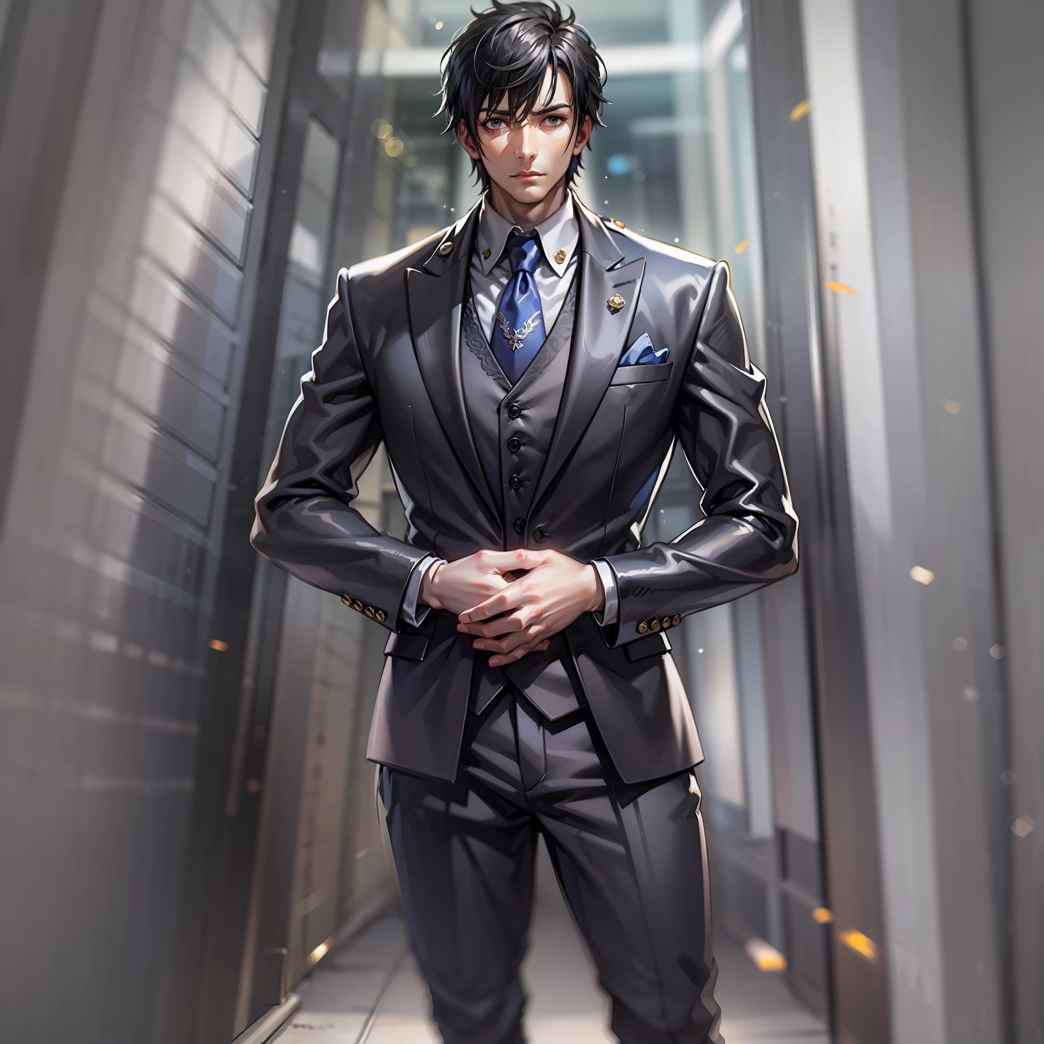 (An artwork of) a mature man with black hair, wearing a stylish suit, standing firm and tall with an elegant demeanor that catches the eye and exudes a calm expression.