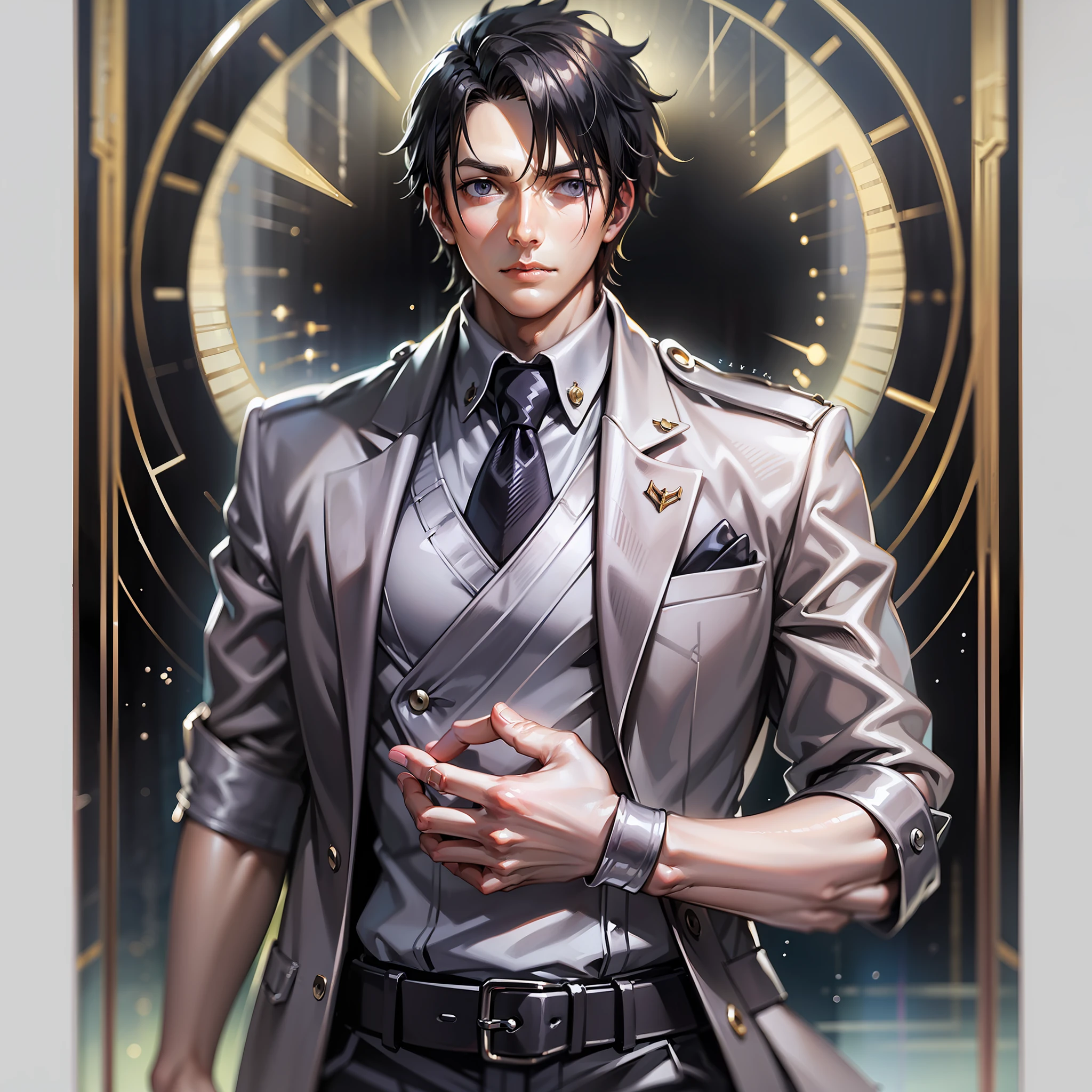 (An artwork of) a mature man with black hair, wearing a stylish suit, standing firm and tall with an elegant demeanor that catches the eye and exudes a calm expression.