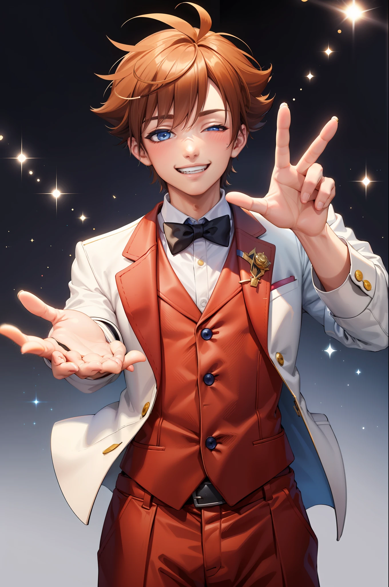 (1 boy:1.2), (formal clothes), (offering the right hand), (smiling), (winking with the left eye:1.1), (bright lighting), (neutral background)