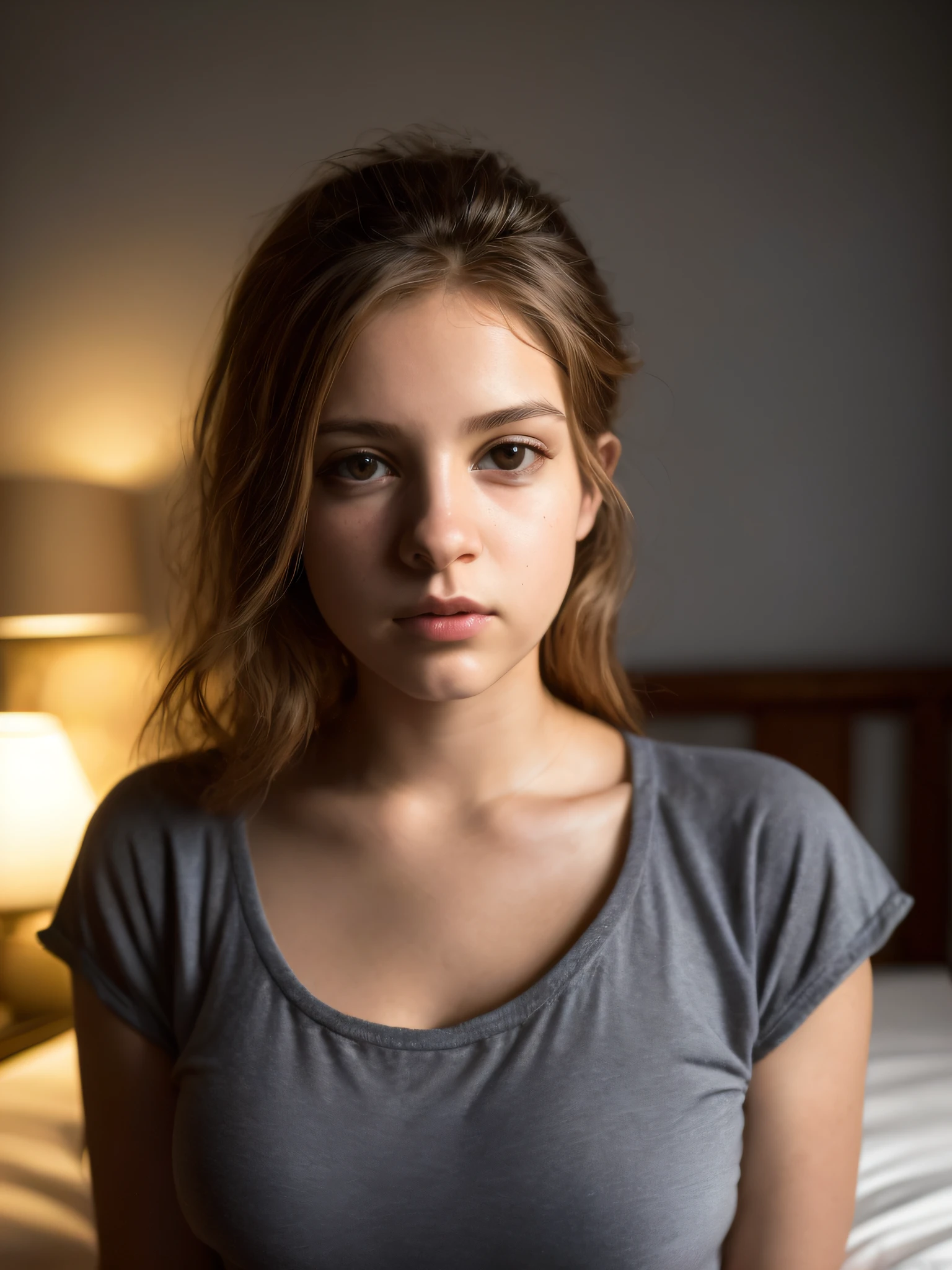 Portrait d’une jolie fille de 15 ans avec un visage parfait et beau, russe, en culotte, au lit (estudo privado Sombre, Sombre, Lumière atmosphérique: 1.2), mamelons durs