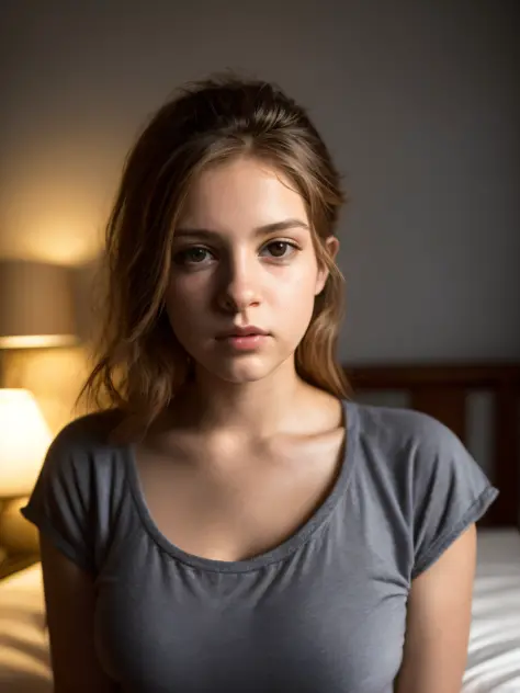 Retrato de uma adolescente fofa de 15 anos com um rosto perfeito e bonito, russo, de calcinha, na cama (estudo privado escuro, e...