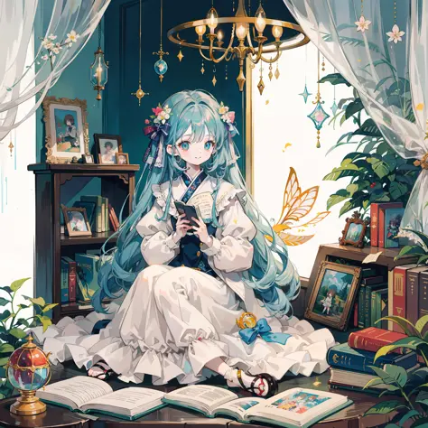 Anime Pictures。water color art。Shades like old books。A girl about 10 years old is sitting on the floor reading。Gently smiling an...