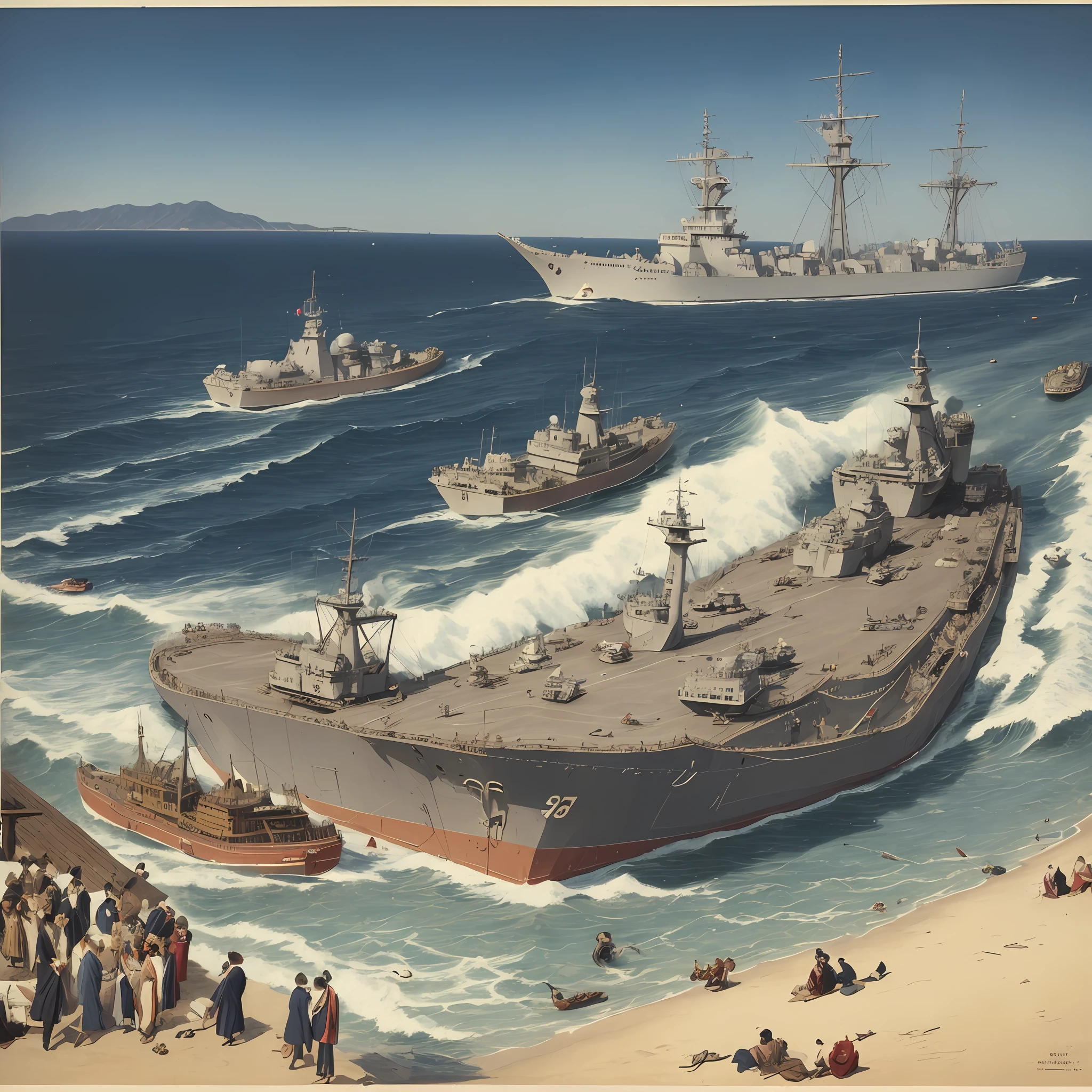 画中描绘了大海中的一支舰队和海滩上的人们- SeaArt AI