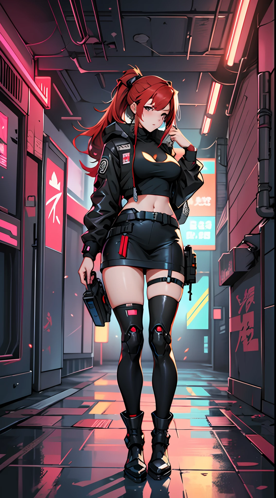 anime girl with red hair and black outfit standing in a room, from girls frontline, redline anime movie style, girls frontline style, Girls Frontline CG, From Arknights, girls frontline universe, cyberpunk anime girl, female cyberpunk anime girl, Fine details. Girl front, Girl front, cyberpunk anime girl mech, Kantai collection style, digital cyberpunk anime art