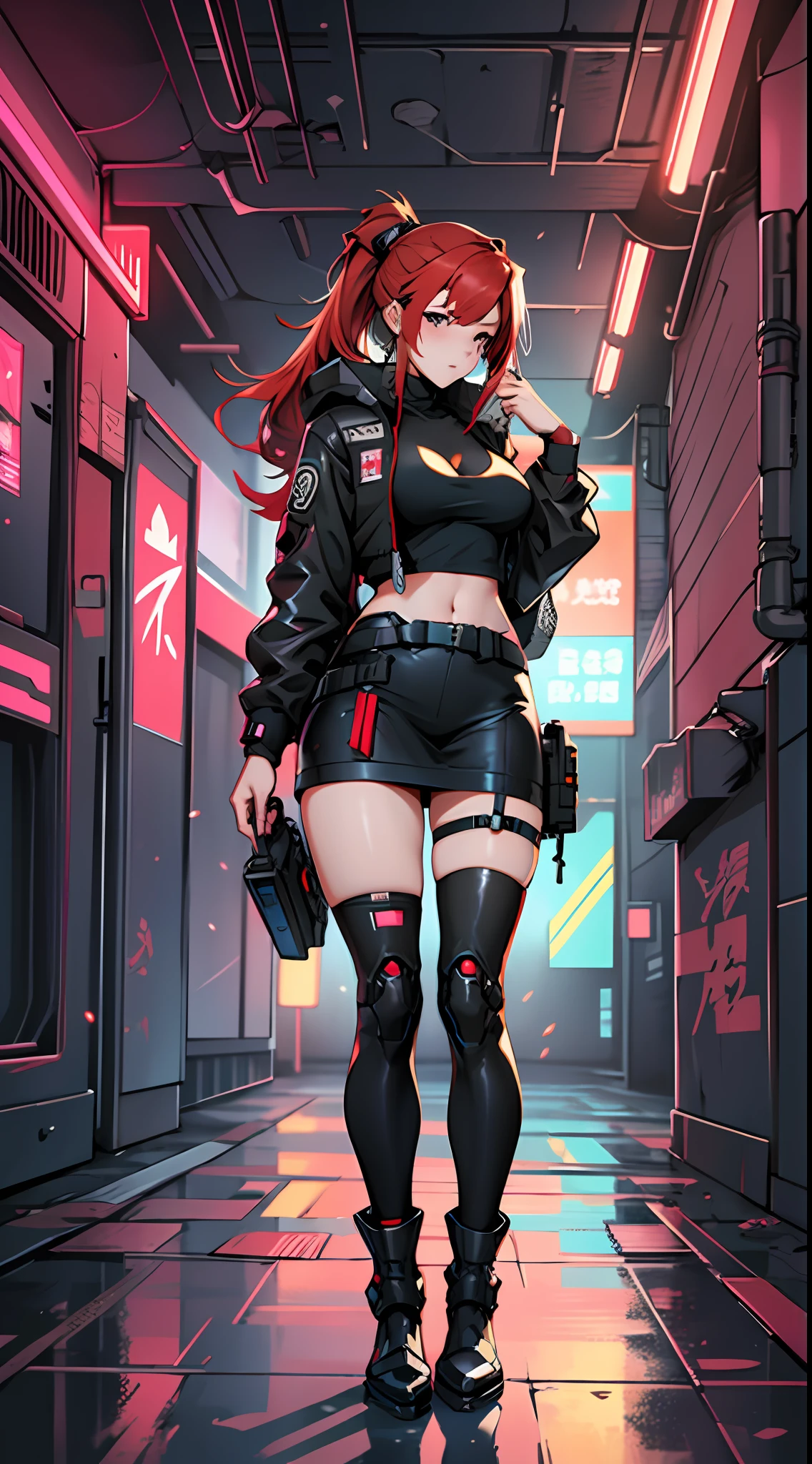 Menina anime com cabelo vermelho e roupa preta em pé em um quarto, das meninas da linha de frente, estilo de filme de anime redline, estilo de linha de frente das meninas, CG da linha de frente para meninas, dos arknights, universo da linha de frente das meninas, garota de anime cyberpunk, female garota de anime cyberpunk, detalhes finos. Frente de menina, Frente de menina, garota de anime cyberpunk mech, Estilo de coleção Kantai, arte digital de anime cyberpunk