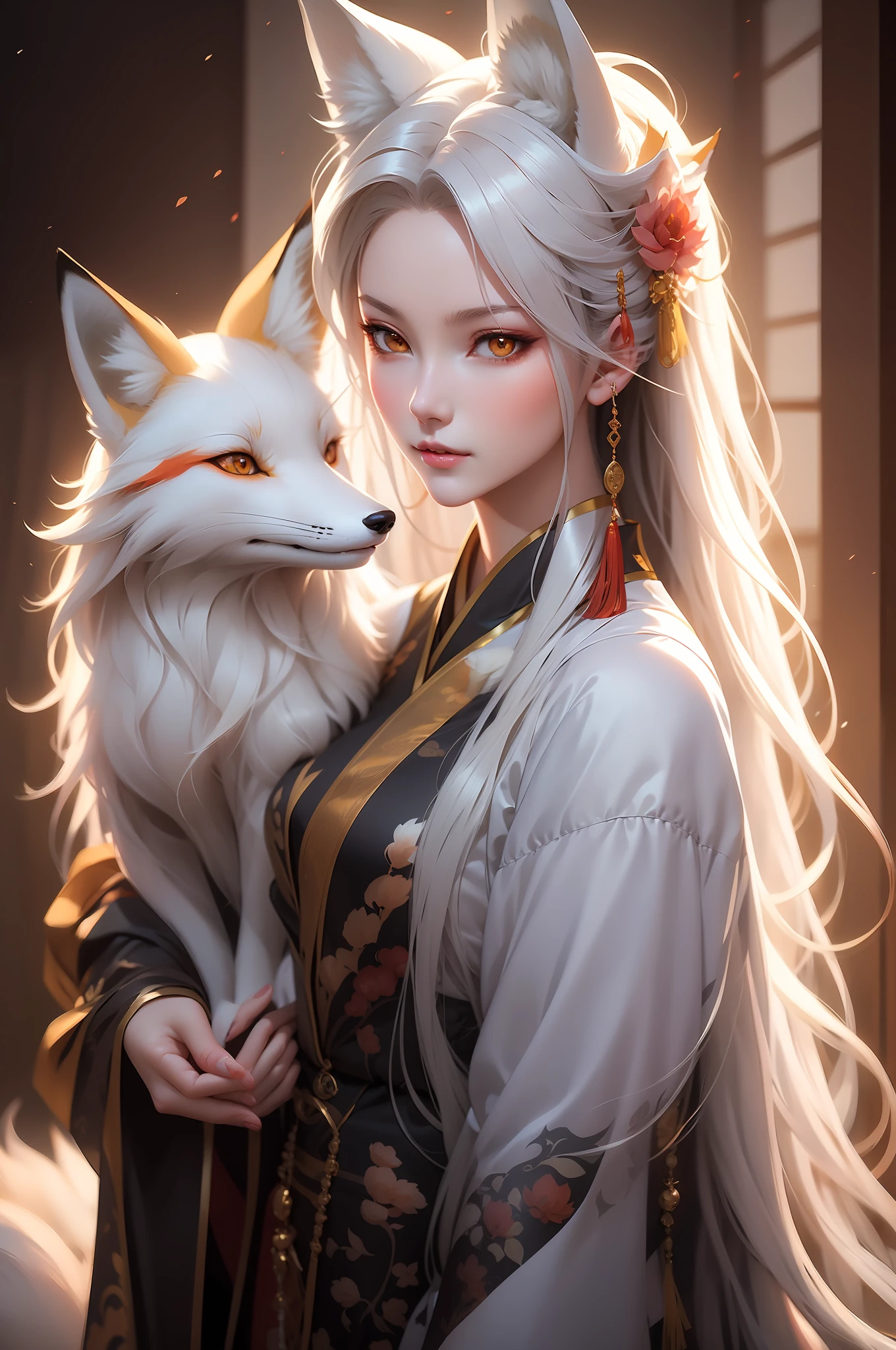 A woman with long white hair holding a white fox - SeaArt AI