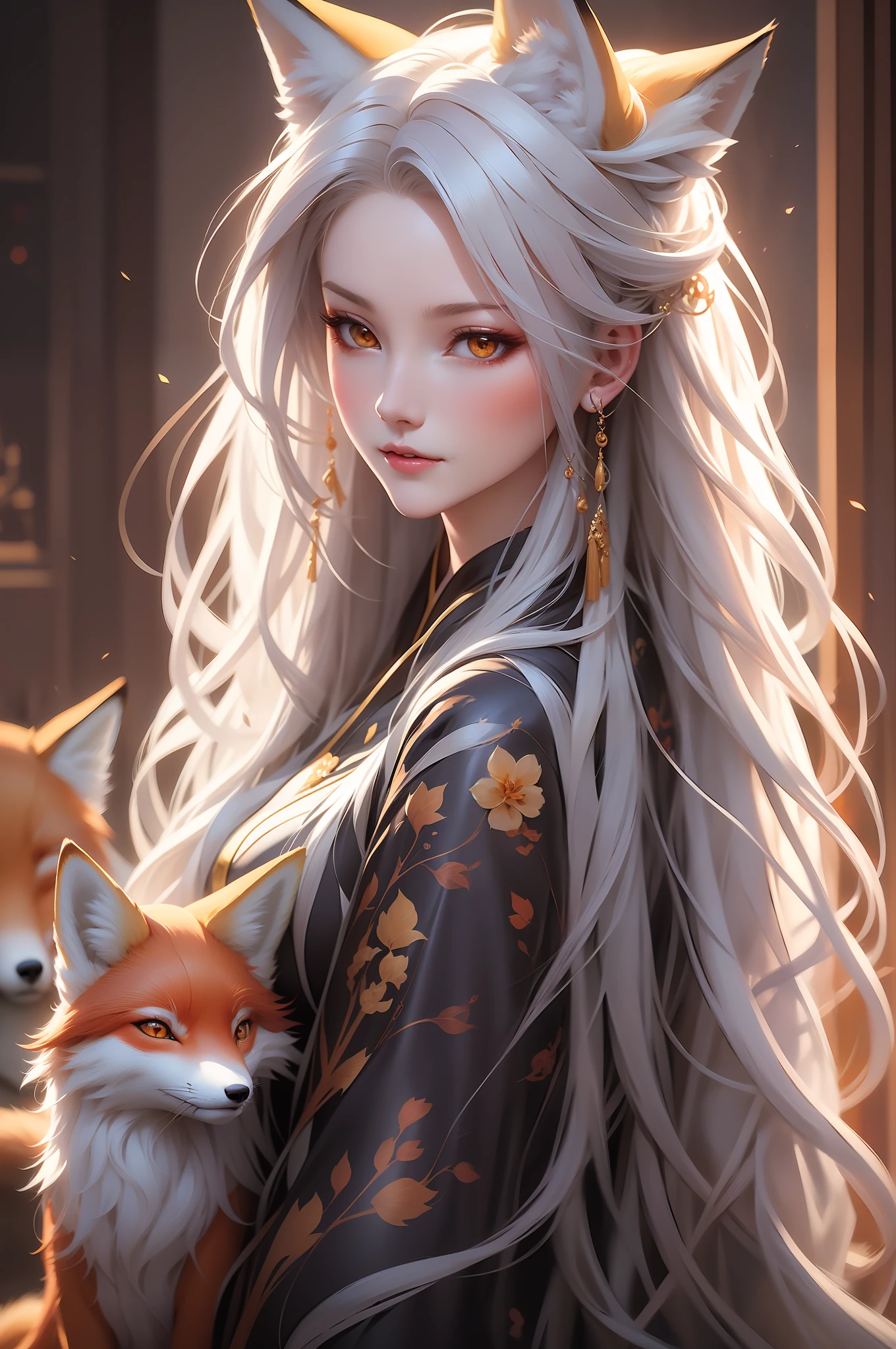 A woman with long white hair and horns holding a fox - SeaArt AI