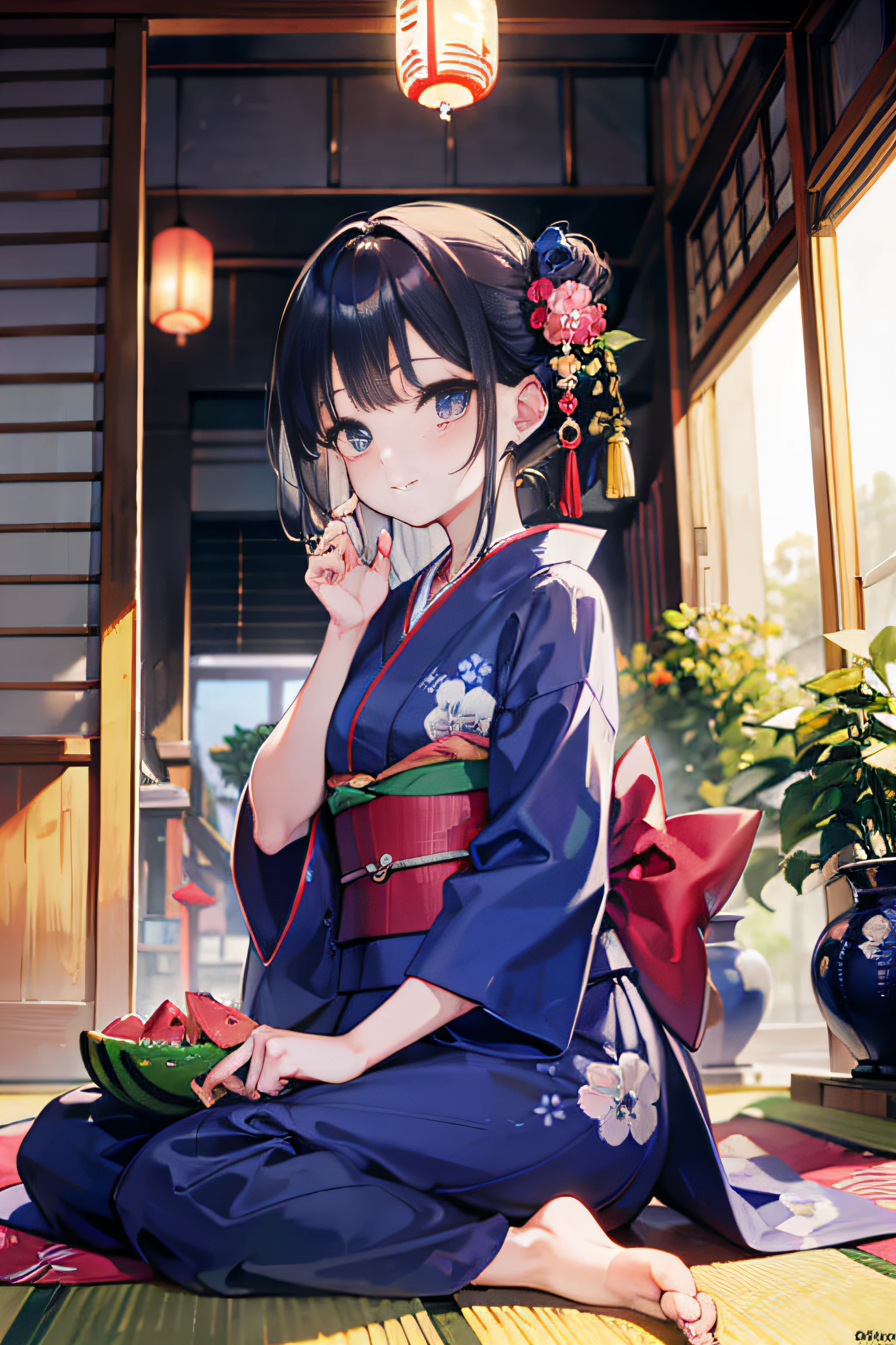 (a masterpiece of、beste-Qualit:1.2)、ultra hyper-detailed、lighting like a movie、（（（Beautiful woman sitting on the porch）））、A smile、woman wearing the kimono, bath robe, classy yukata clothing, Wearing a colorful yukata, in a kimono, Wearing a kimono, japanese kimono, in a kimono, Komono, wearing a haori, Dark blue yukata with morning glory pattern, A Japanese style, Wearing kimono,Uchiwa、mosquito coil、watermelons、wind chime、