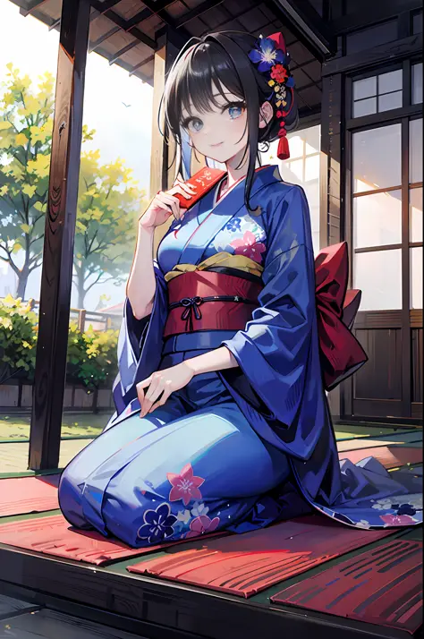 (a masterpiece of、beste-Qualit:1.2)、ultra hyper-detailed、lighting like a movie、（（（Beautiful woman sitting on the porch）））、A smile、woman wearing the kimono, bath robe, classy yukata clothing, Wearing a colorful yukata, in a kimono, Wearing a kimono, japanes...
