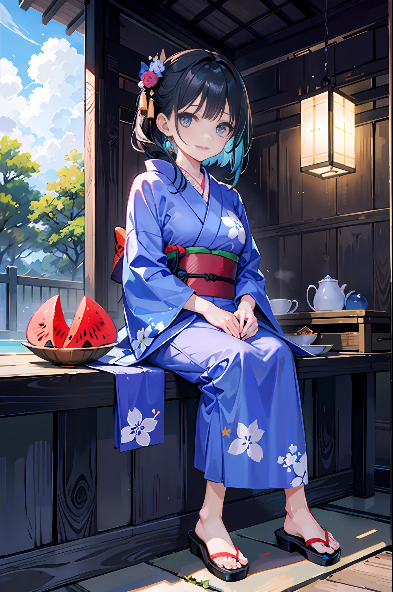 (a masterpiece of、beste-Qualit:1.2)、ultra hyper-detailed、lighting like a movie、（（（Beautiful woman sitting on the porch）））、A smile、woman wearing the kimono, bath robe, classy yukata clothing, Wearing a colorful yukata, in a kimono, Wearing a kimono, japanese kimono, in a kimono, Komono, wearing a haori, Dark blue yukata with morning glory pattern, A Japanese style, Wearing kimono,Uchiwa、mosquito coil、watermelons、wind chime、
