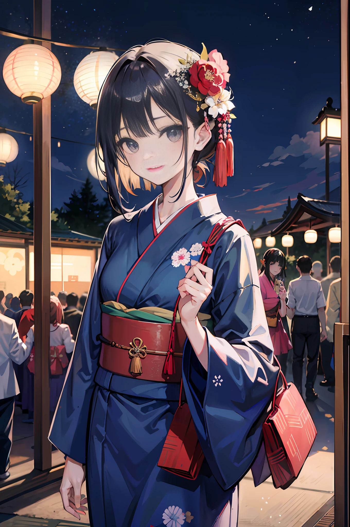 (a masterpiece of、beste-Qualit:1.2)、ultra hyper-detailed、lighting like a movie、（（（Beautiful woman going out to summer festival）））、fair、A smile、woman wearing the kimono, bath robe, classy yukata clothing, Wearing a colorful yukata, in a kimono, Wearing a kimono, japanese kimono, in a kimono, Komono, wearing a haori, Dark blue yukata with morning glory pattern, A Japanese style, Wearing kimono,paper lanterns、Store、Crowds、