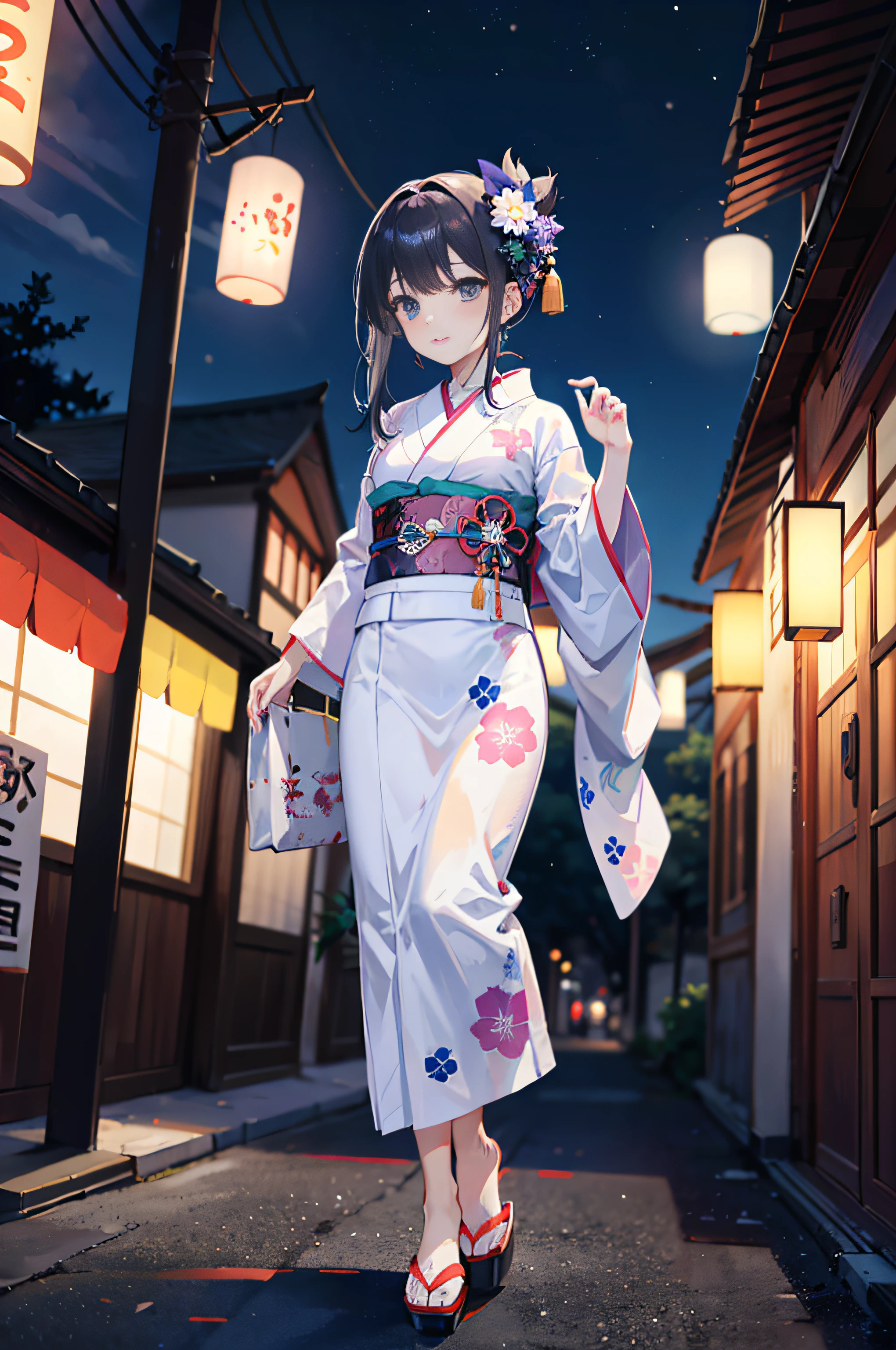 (a masterpiece of、beste-Qualit:1.2)、ultra hyper-detailed、lighting like a movie、（（（Beautiful woman going out to summer festival）））、fair、A smile、woman wearing the kimono, bath robe, classy yukata clothing, Wearing a colorful yukata, in a kimono, Wearing a kimono, japanese kimono, in a kimono, Komono, wearing a haori, Dark blue yukata with morning glory pattern, A Japanese style, Wearing kimono,paper lanterns、Store、Crowds、