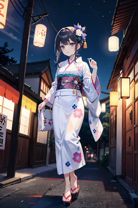 (a masterpiece of、beste-Qualit:1.2)、ultra hyper-detailed、lighting like a movie、（（（Beautiful woman going out to summer festival）））、fair、A smile、woman wearing the kimono, bath robe, classy yukata clothing, Wearing a colorful yukata, in a kimono, Wearing a ki...
