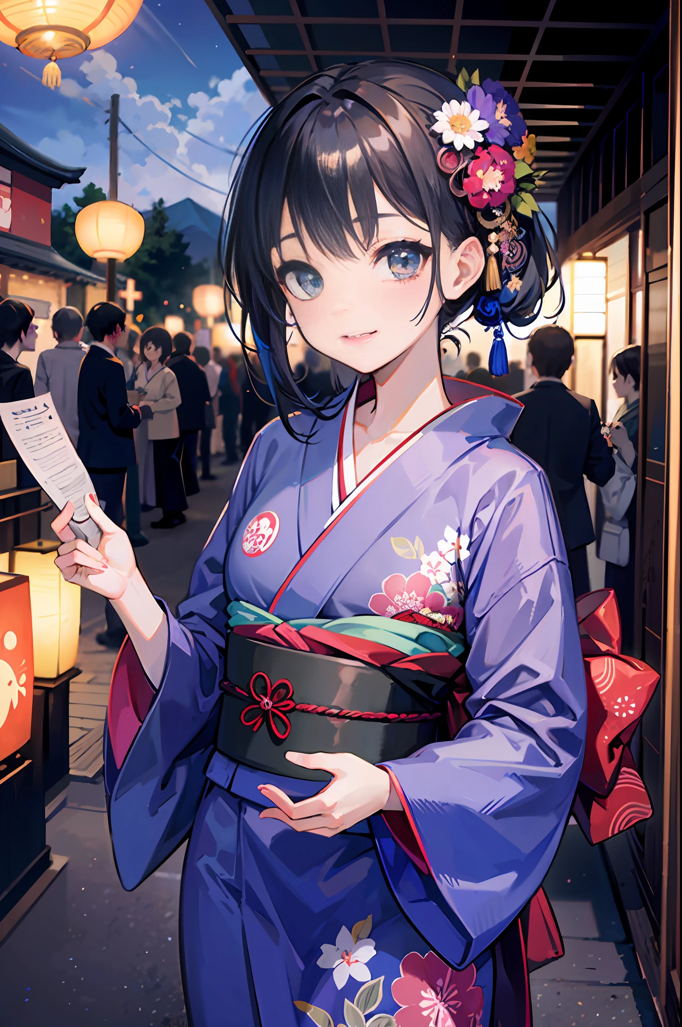 (a masterpiece of、beste-Qualit:1.2)、ultra hyper-detailed、lighting like a movie、（（（Beautiful woman going out to summer festival）））、fair、A smile、woman wearing the kimono, bath robe, classy yukata clothing, Wearing a colorful yukata, in a kimono, Wearing a kimono, japanese kimono, in a kimono, Komono, wearing a haori, Dark blue yukata with morning glory pattern, A Japanese style, Wearing kimono,paper lanterns、shrines、Crowds、