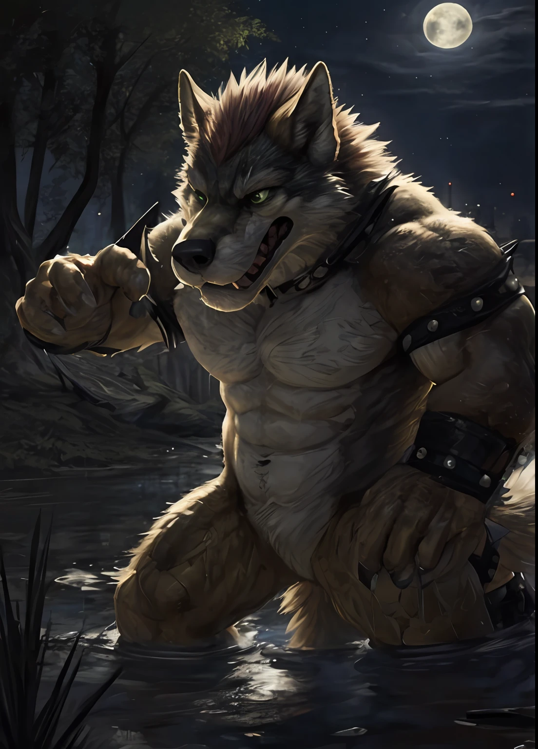 kemono, anthro (wolf), male, (wolf), brown body, white belly, green eyes, wild, swamp, night, athletic, eyes deatiled, dark, dim, portrait, (fighting pose), expression of fear, canine tooth, hd, dark shadows, wide dynamic range, hdr, low light:1.2, by Pino Daeni, (by ruaidri), by virtyalfobo, 4k resolution, photorealism
