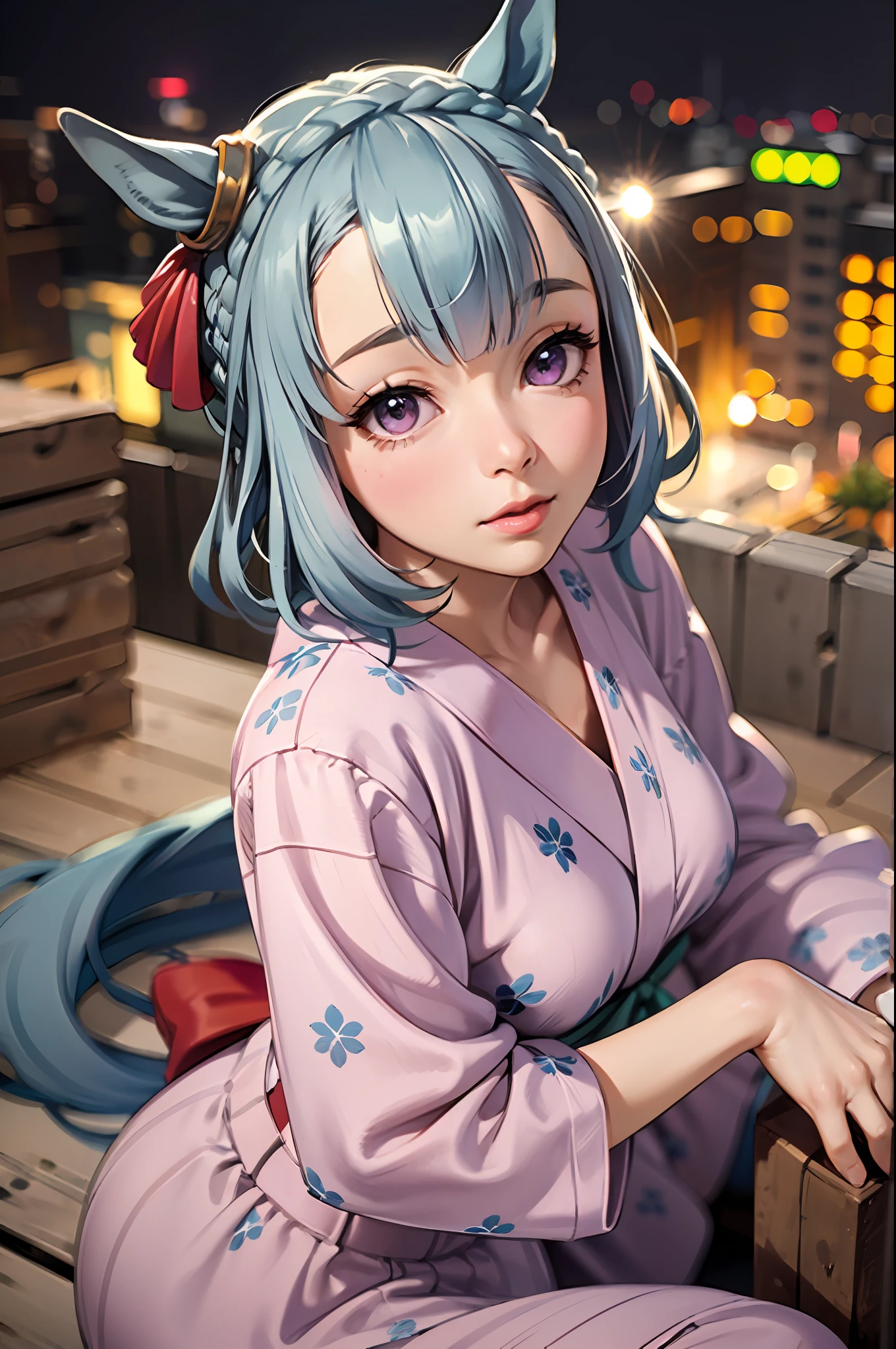 best quality,masterpiece, high res, beautiful detailed eyes,ultra-detailed, mejiro ardan \(umamusume\), ear ornament,horse ears, horse tail, (pink floral yukata, geta), ((looking at viewer, from above, front view, close-up shot)):1.2, (bust-up:1.3), (looking up:1.5), (sitting, leaning forward:1.4), arms behind back, fireworks on the background,