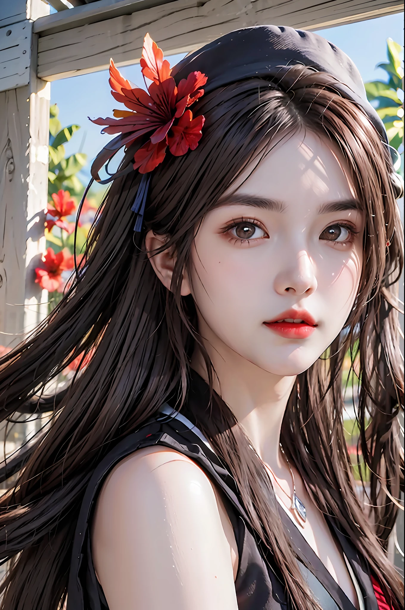 pphotorealistic, high resolution, 1 girl, long hair, beautiful eyes,hat_flower, brown_hair, closed_mouth, hibiscus, red_rose, spider_lily, bangs, normal breast, hu tao \(genshin impact\