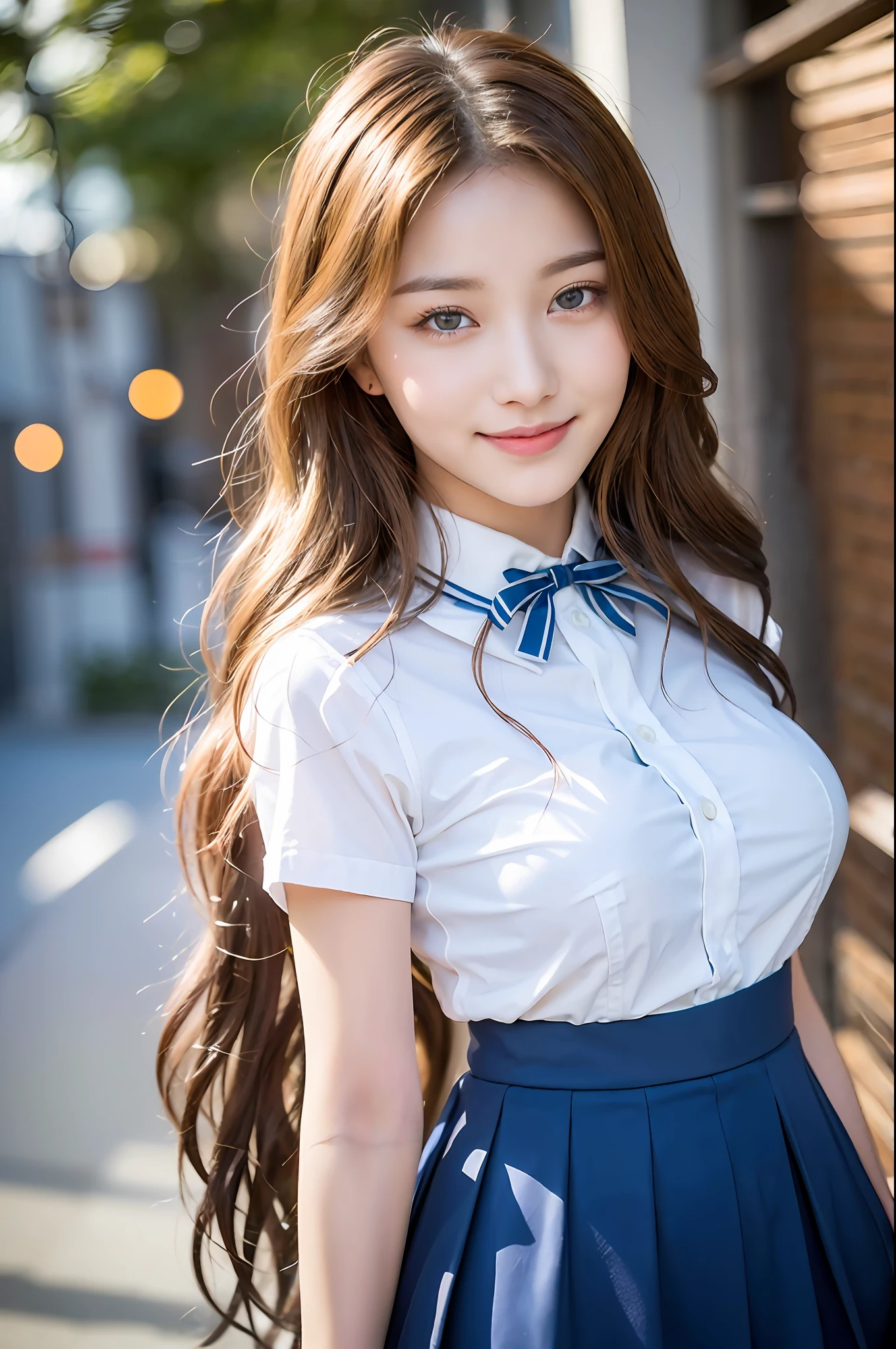 ASCII top quality, ultra high resolution, (photorealistic: 1.4), one girl, (ulzzang-6500:1.0), Kpop idol, highest quality (brown wavy hair: 1.1), (blonde hair, shiny wavy hair, smile, girl, 1 girl, beautiful blue eyes), (lovely: 1.16), (very delicate and beautiful), beautiful, colorful, (hair ornament: 1.3), long hair, (white uniform: 1.2), (outdoor), (school building: 1.2), cityscape, (light smile: 1.2), (insanely cute and beautiful girl), movie shadow, (dynamic angle), (sharp outline),, cute, cute, (((16 years old))), (blue pleated skirt), (blue ribbon), ((shiny eyes)), shiny hair, shiny hair, big breasts, upper body
