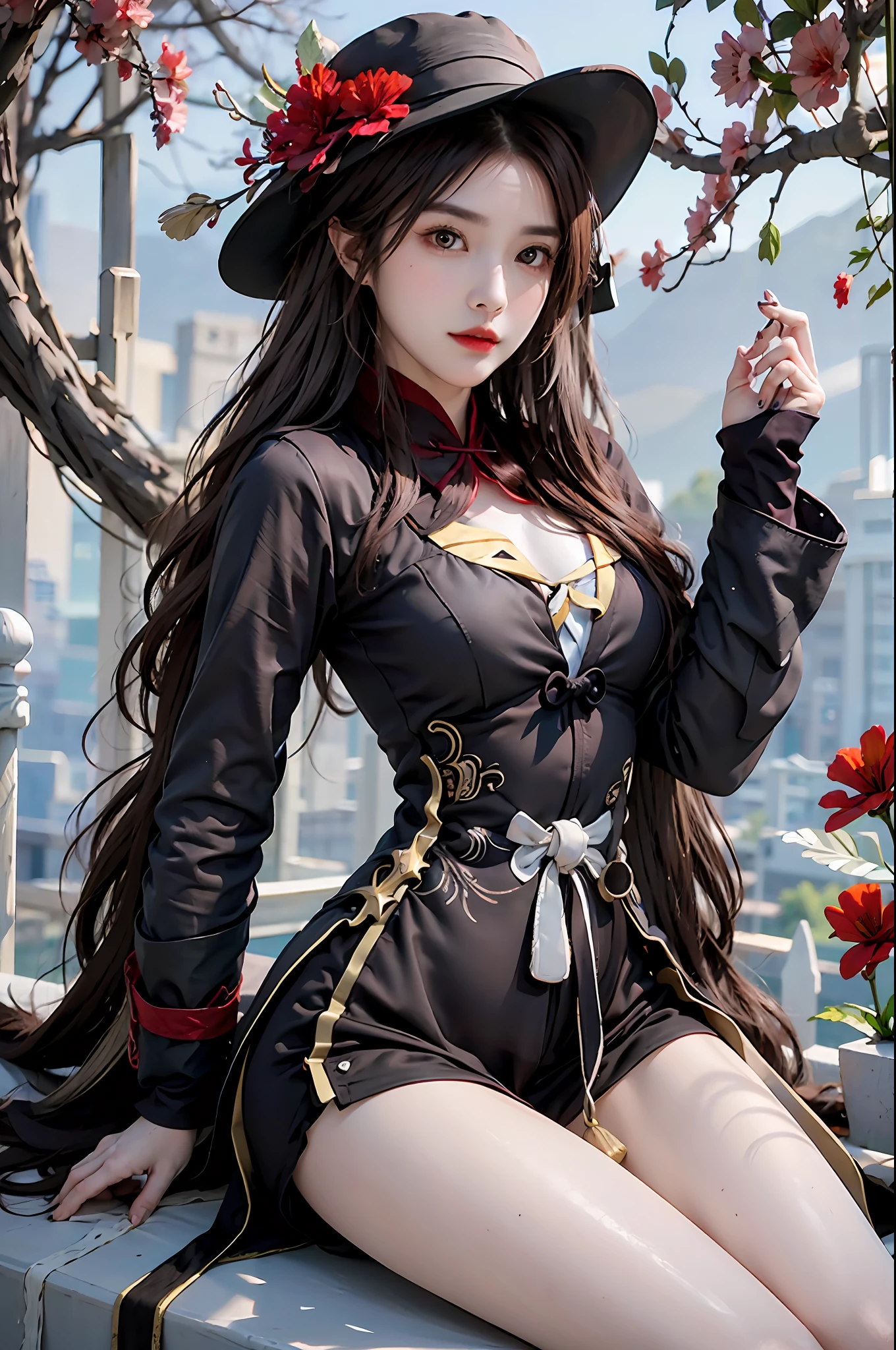 pphotorealistic, high resolution, 1 girl, hips up, long hair, beautiful eyes,hat_flower, brown_hair, closed_mouth, hibiscus, red_rose, spider_lily, bangs, coat, hu tao \(genshin impact\