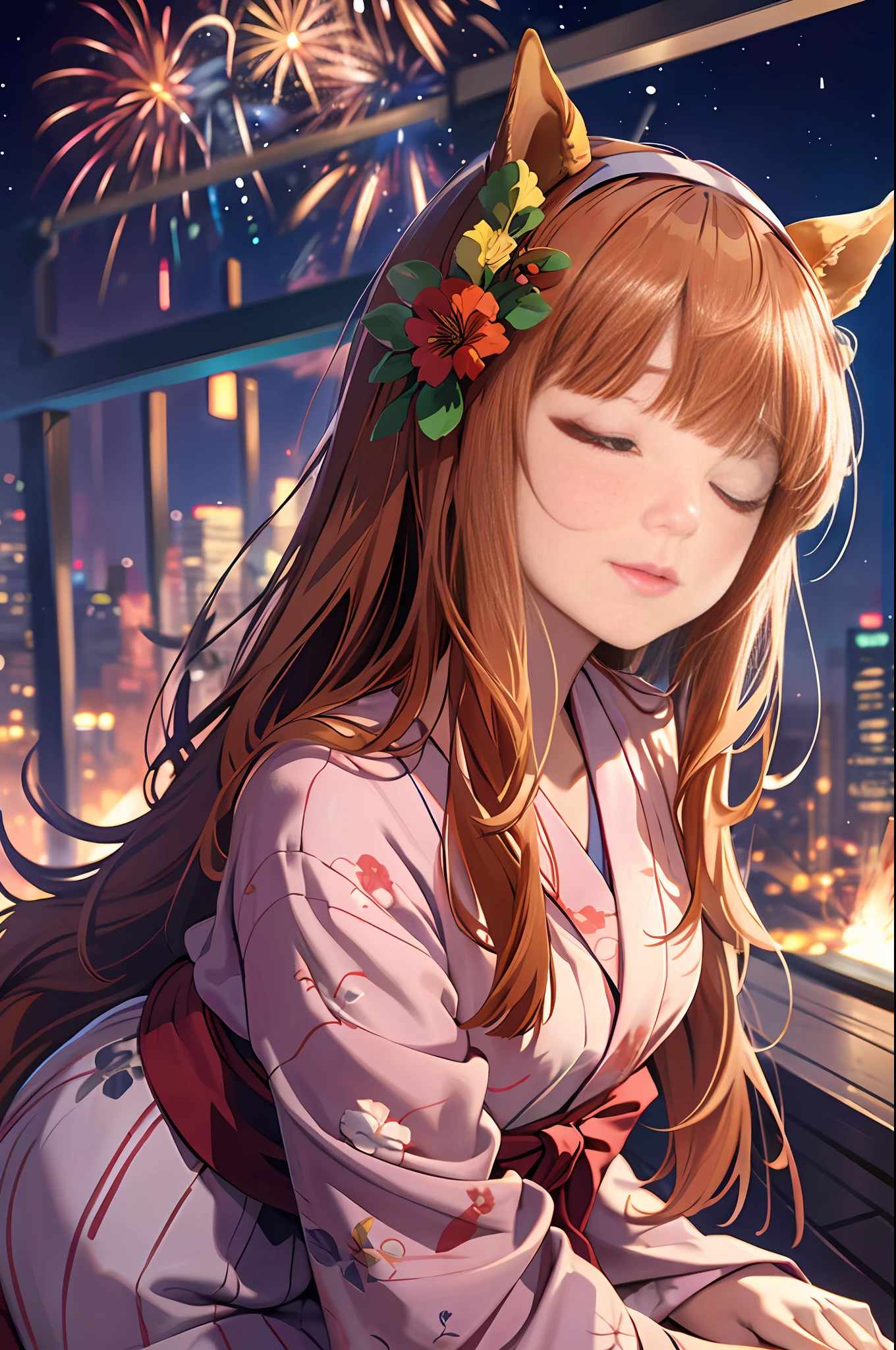 Masterpiece, top quality, high resolution, silence suzuka \(umamusume\),horse tail, horse ears, small breasts, lips, lipstick,closed eyes, (pink floral yukata, geta), gentle smile,((looking at viewer, from above, front view, close-up shot)):1.2, (bust-up:1.3), (looking up:1.5), (sitting, leaning forward:1.4), arms behind back, fireworks in the night sky, fireworks on the background,