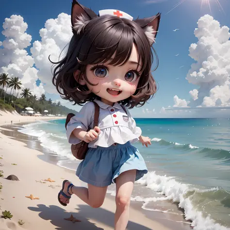 a masterpiece of、beste-Qualit、ultra hyper-detailed、One Cat Girl、Chibi Chara、nurse's outfit、the beach、sandal、Neat and clean fashi...