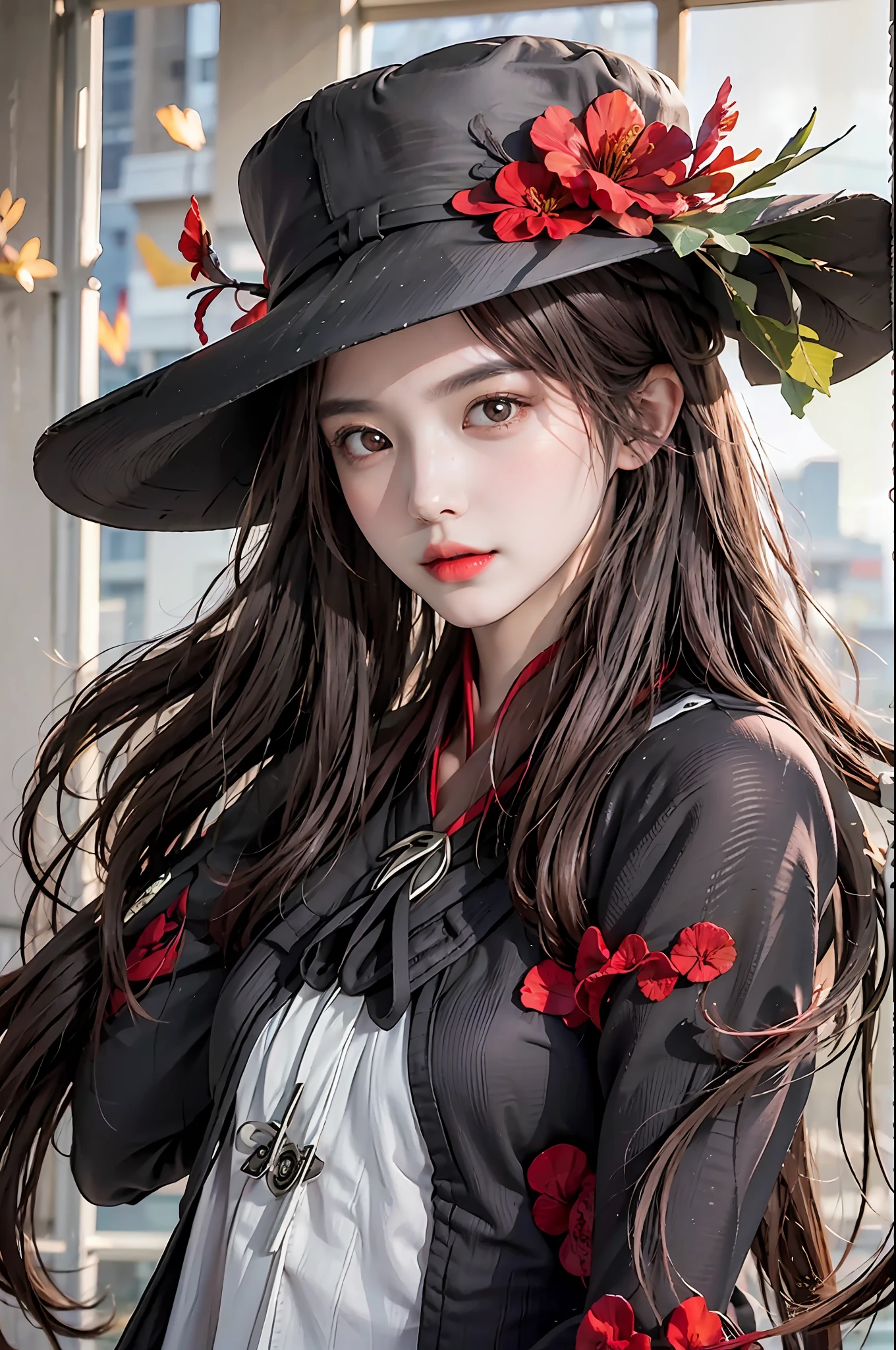 pphotorealistic, high resolution, 1 girl, hips up, long hair, beautiful eyes,hat_flower, brown_hair, closed_mouth, hibiscus, red_rose, spider_lily, bangs, coat, hu tao \(genshin impact\