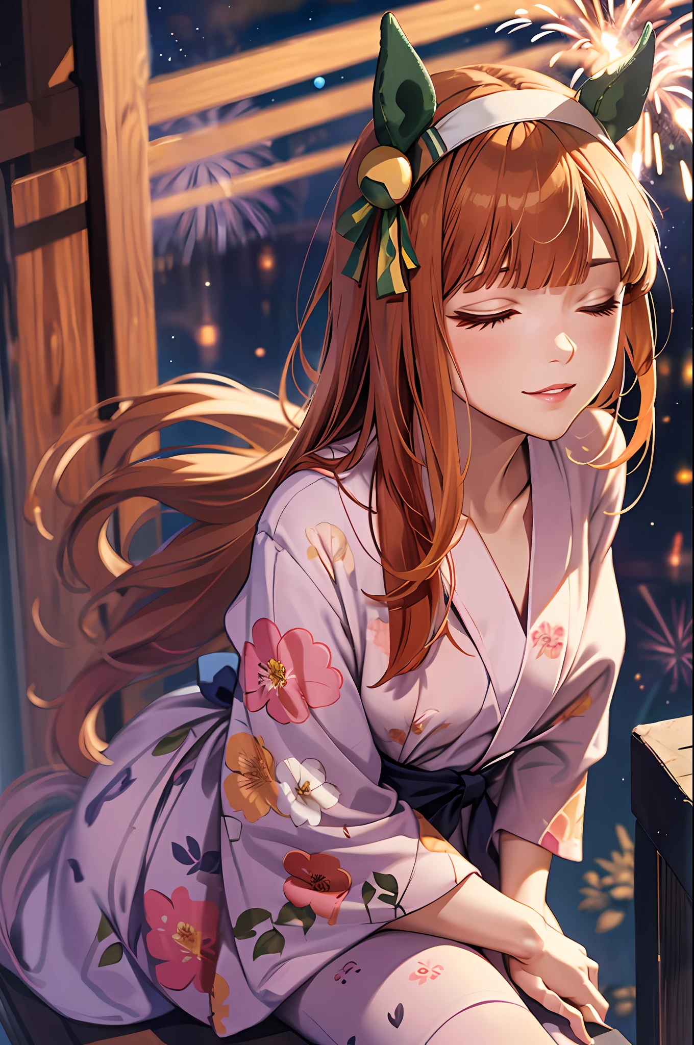 Masterpiece, top quality, high resolution, silence suzuka \(umamusume\),horse tail, horse ears, small breasts, lips, lipstick,closed eyes, (pink floral yukata, geta), gentle smile,((looking at viewer, from above, front view, close-up shot)):1.2, (bust-up:1.3), (looking up:1.5), (sitting, leaning forward:1.4), arms behind back, fireworks in the night sky, fireworks on the background,