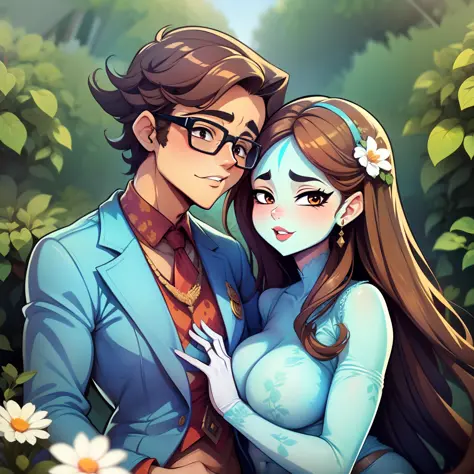 ((etiqueta)) fofo, There's a man with glasses, light brown hair and royal blue suit and a beautiful woman with long light brown hair dressed as a wedding who hug, Directed by: Nandor Soldier, Lovely couple, casal feliz, casamento, Foto de perfil do headsho...