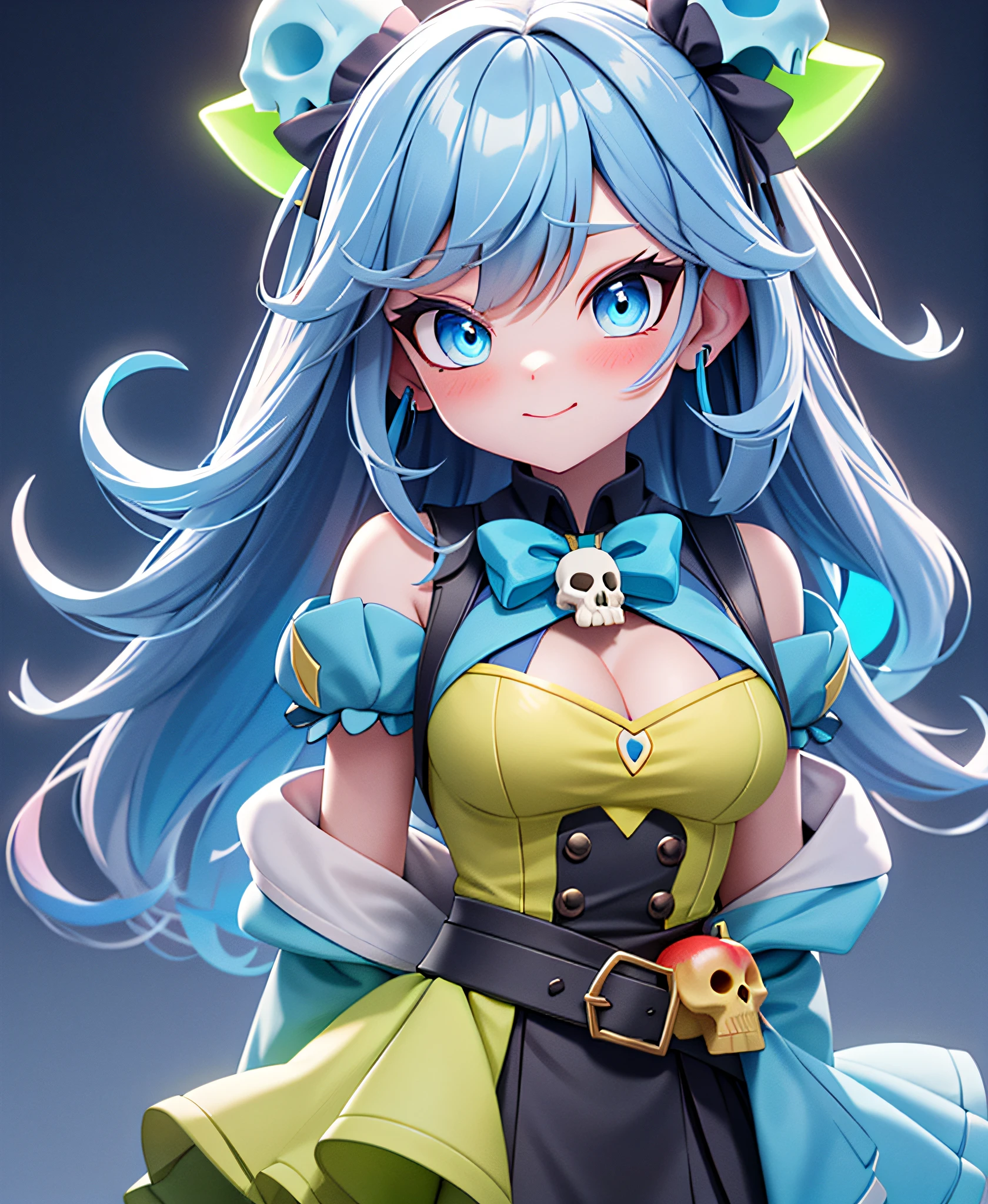 Poison Apple Magical Transformation Girl, Toxic-blue with neon-blue trim, costume, red bow, toxic blue apple-skull mask, deep blue bangs hairstyle, glowing yellow eyes, masterpiece, best quality