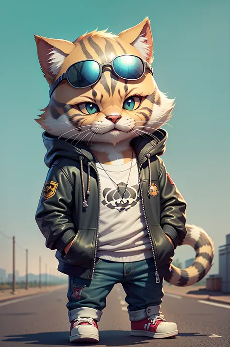 c4tt4stic, um gato dos desenhos animados usando uma jaqueta e skate, sunglasses,