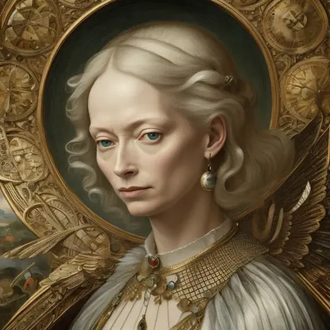 tilda swinton is a black angel art by hieronymus bosch, futuristic, sci-fi movie:: a detailed, elegant, intricate and colorful p...