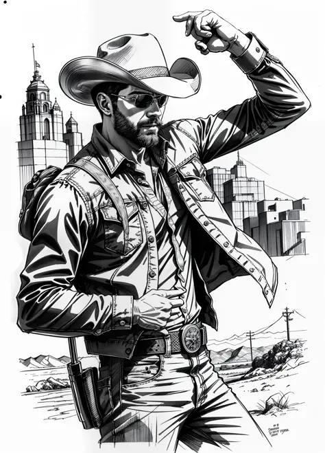 Desenho de um cowboy, pistola no coldre, estilo western, paisagem, sketch artstyle, escala de cinza, monocromatic