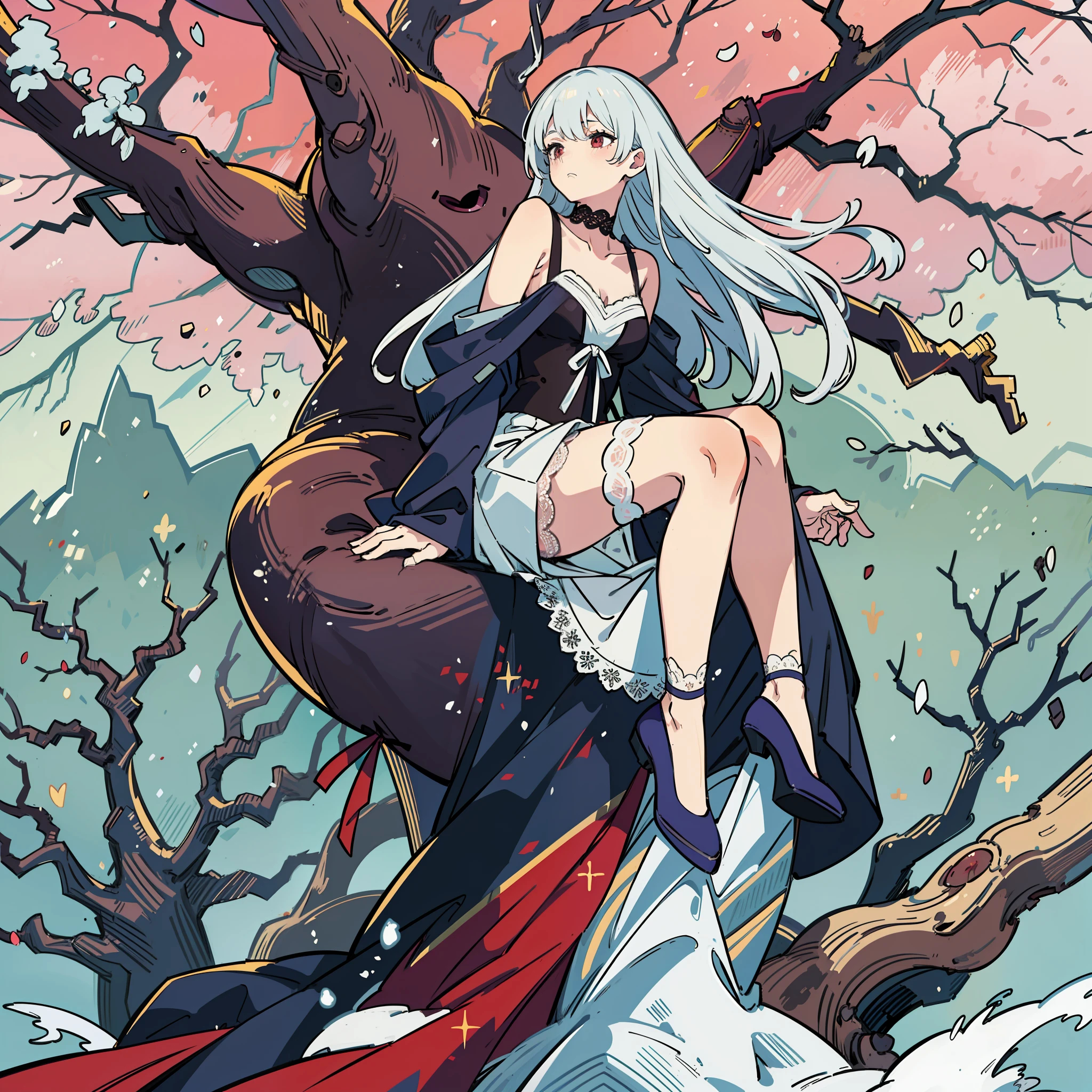 Leaning on the trunk of a winter plum tree，Leaning on the trunk of a winter plum tree，Leaning on the trunk of a winter plum tree，slender leg，Silver long hair hair，lace choker，Royal sister，Silk stockings，Long sleeveless skirt，Anterior convex and posterior