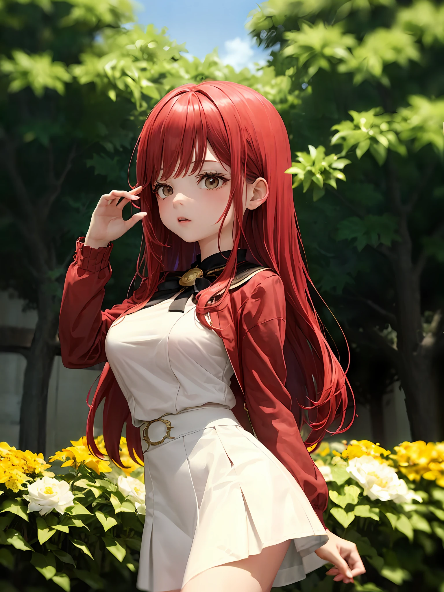 1girl huge large breasts, Single person，Loli， (巨作:1.1), (Best quality:1.1),  Break [Blue:peach red:0.5] Theme, Cowboy shot,Cinematic light， Exquisite facial features，(perfect hand:1.5)，Long red hair，Short white skirt，standingn，flatchest，Garden background