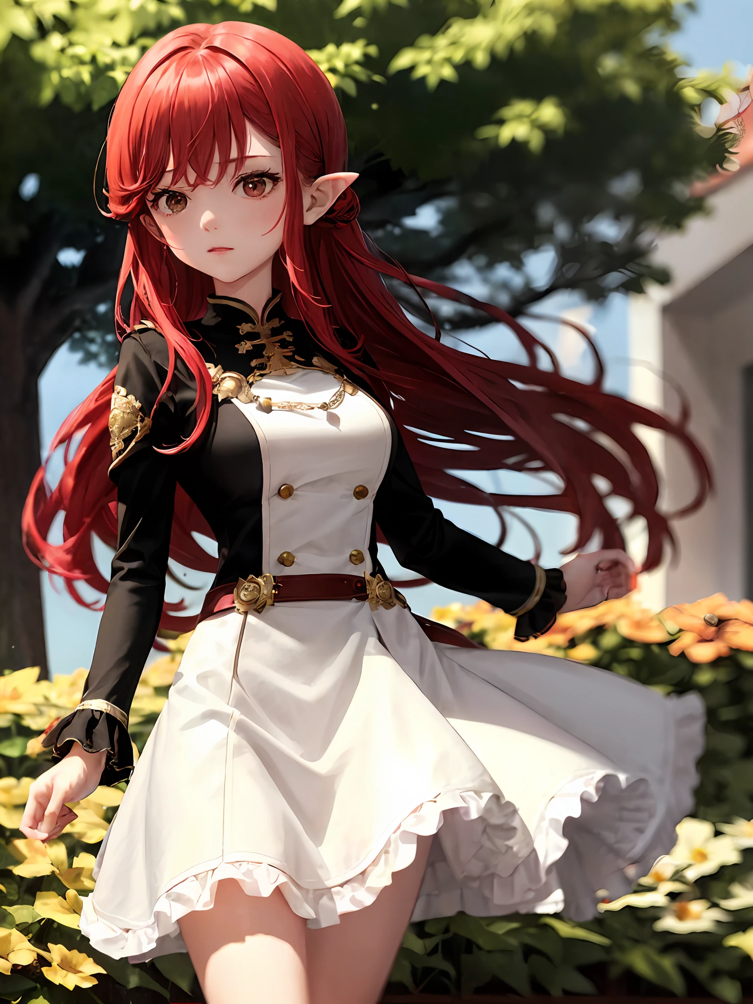 1girl huge large breasts, Single person，Loli， (巨作:1.1), (Best quality:1.1),  Break [Blue:peach red:0.5] Theme, Cowboy shot,Cinematic light， Exquisite facial features，(perfect hand:1.5)，Long red hair，Short white skirt，standingn，flatchest，Garden background