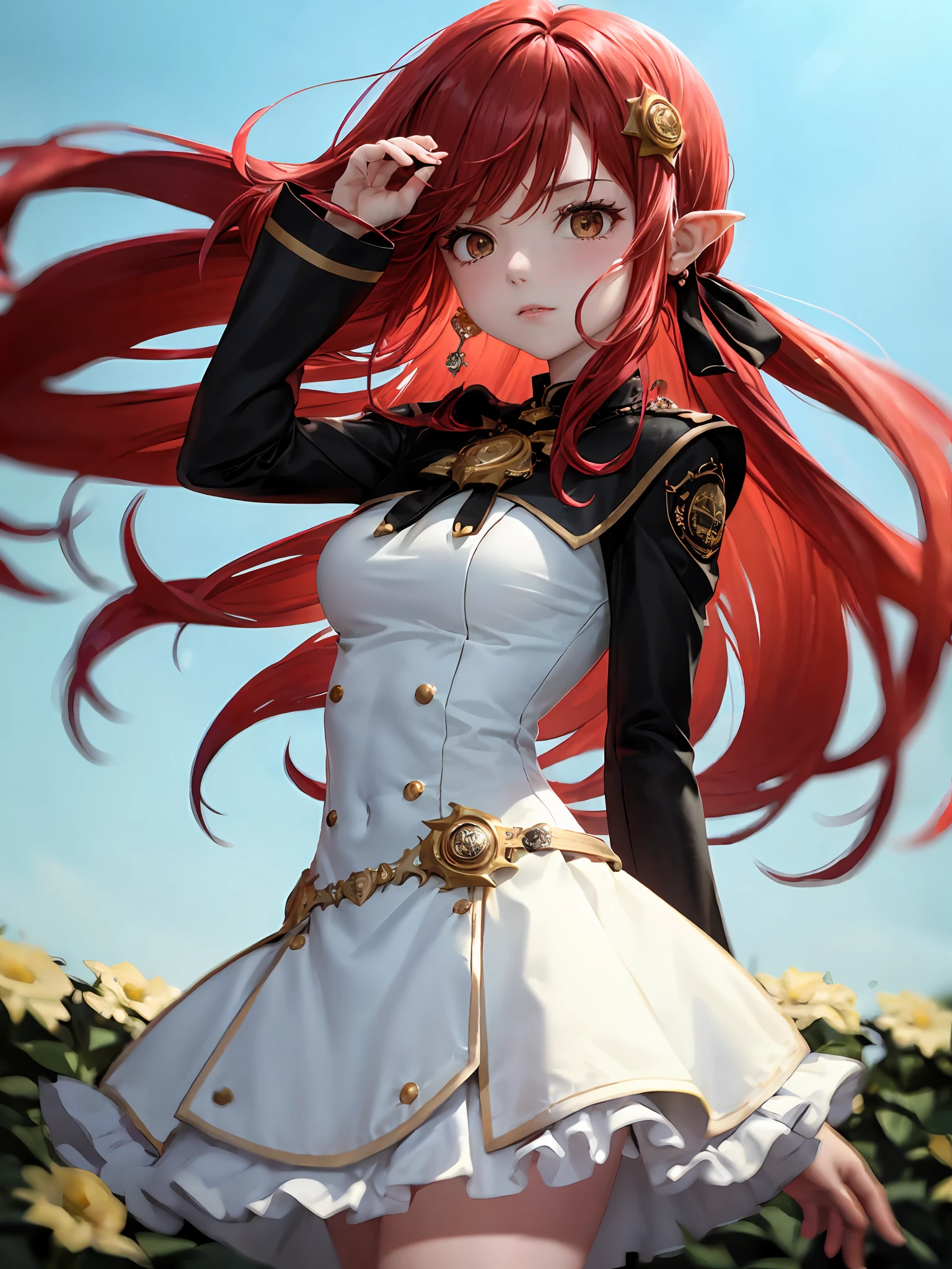 1girl huge large breasts, Single person，Loli， (巨作:1.1), (Best quality:1.1),  Break [Blue:peach red:0.5] Theme, Cowboy shot,Cinematic light， Exquisite facial features，(perfect hand:1.5)，Long red hair，Short white skirt，standingn，flatchest，Garden background