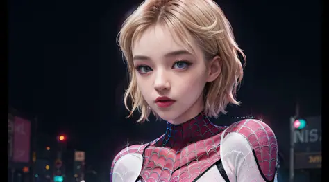 Full body photo, 25 years old Spider-girl, Gwen, Spider-Man, Wenger Spider-Man costume, ((white pink costume)), 24mm, 4k texture...