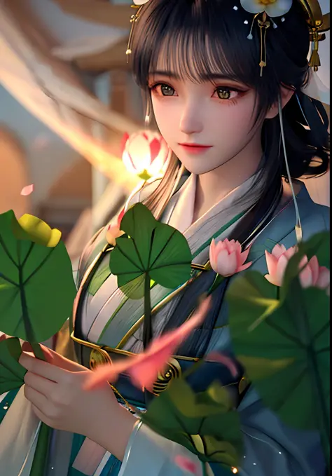 There is a close-up of a girl in a green Hanfu full body, Surrounded by lotus flowers and lotus leaves，{best quailty}，{ {a maste...
