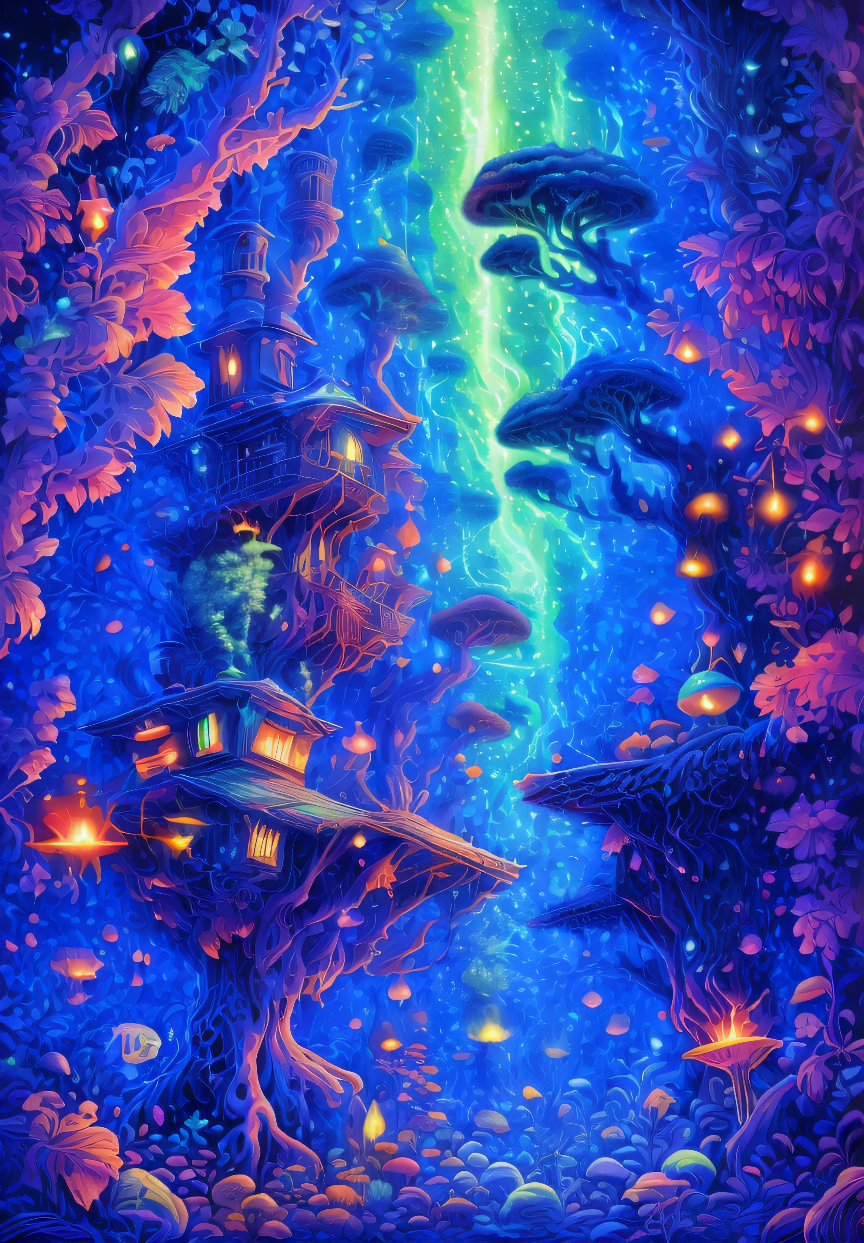 The mushroom world is my home. a realistic detail of a virtual glowing bioluminescent mushroom mega cities inside a floating jellyfish in the dark sea, metropolis in the dark at night is like a spiritual journey through a mushroom forest, cosmic, heavenly, god rays, ornate detail, cinematic, Professional, masterpiece, commissioned, best quality, Color Corrected, fixed in post, CHV3SSciFi, CHV3SUrban, CHV3SWorld, CHV3SMacro, CHV3SDark