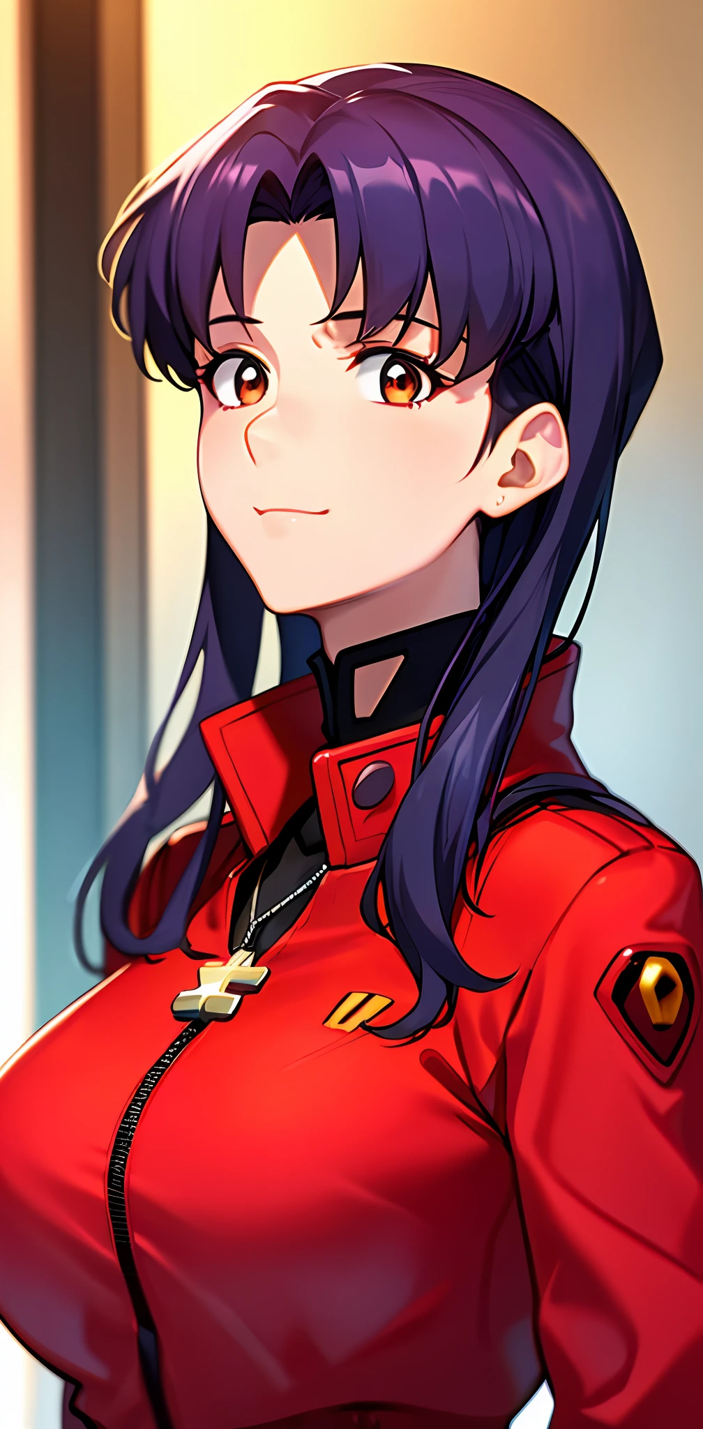 masterpiece, best quality,extremely_detailed_CG_unity_8k_wallpaper,extremely detailed_eyes,,evangelion: 3.0 you can \(not\) redo,1girl, solo,  Katsuragi_Misato, brown eyes,indigo hair,big_breasts, cross_necklace ,red jacket, mature female,aged up,upper body,