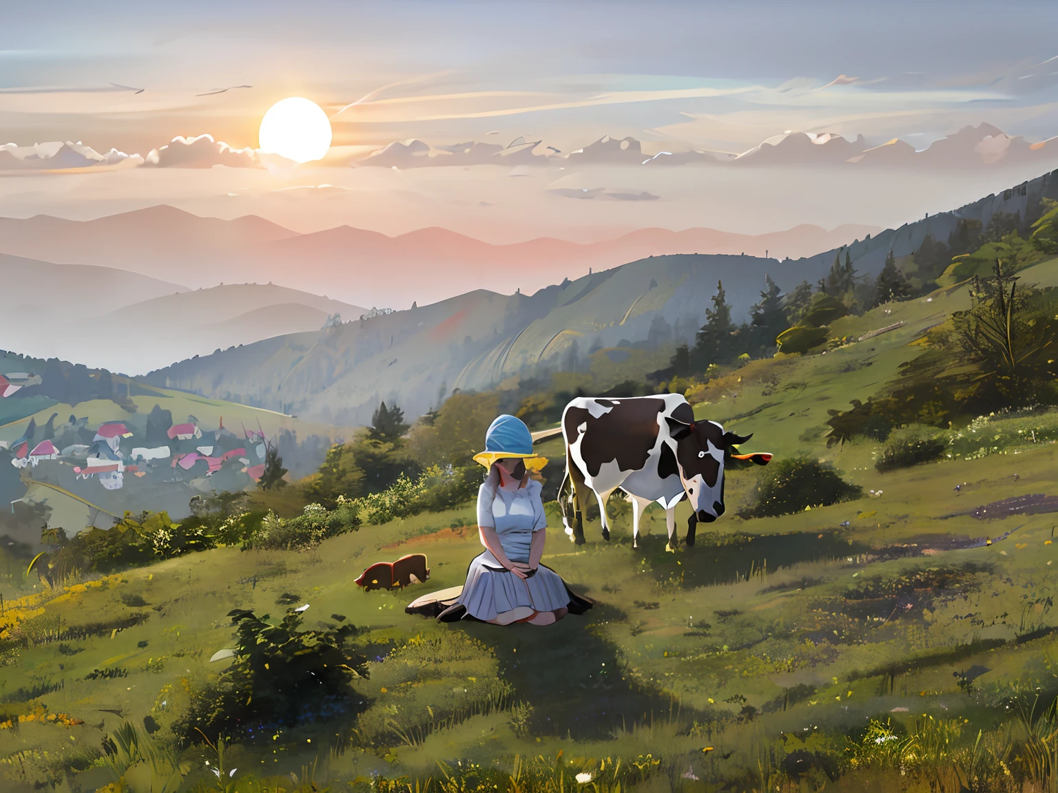 The background is the setting sun，and several rolling hillsides of lush greenery，A woman sits in the middle，wearing white skirt，Sunglasses on his head，The hair is glowing with the setting sun，There was a grazing cow behind her