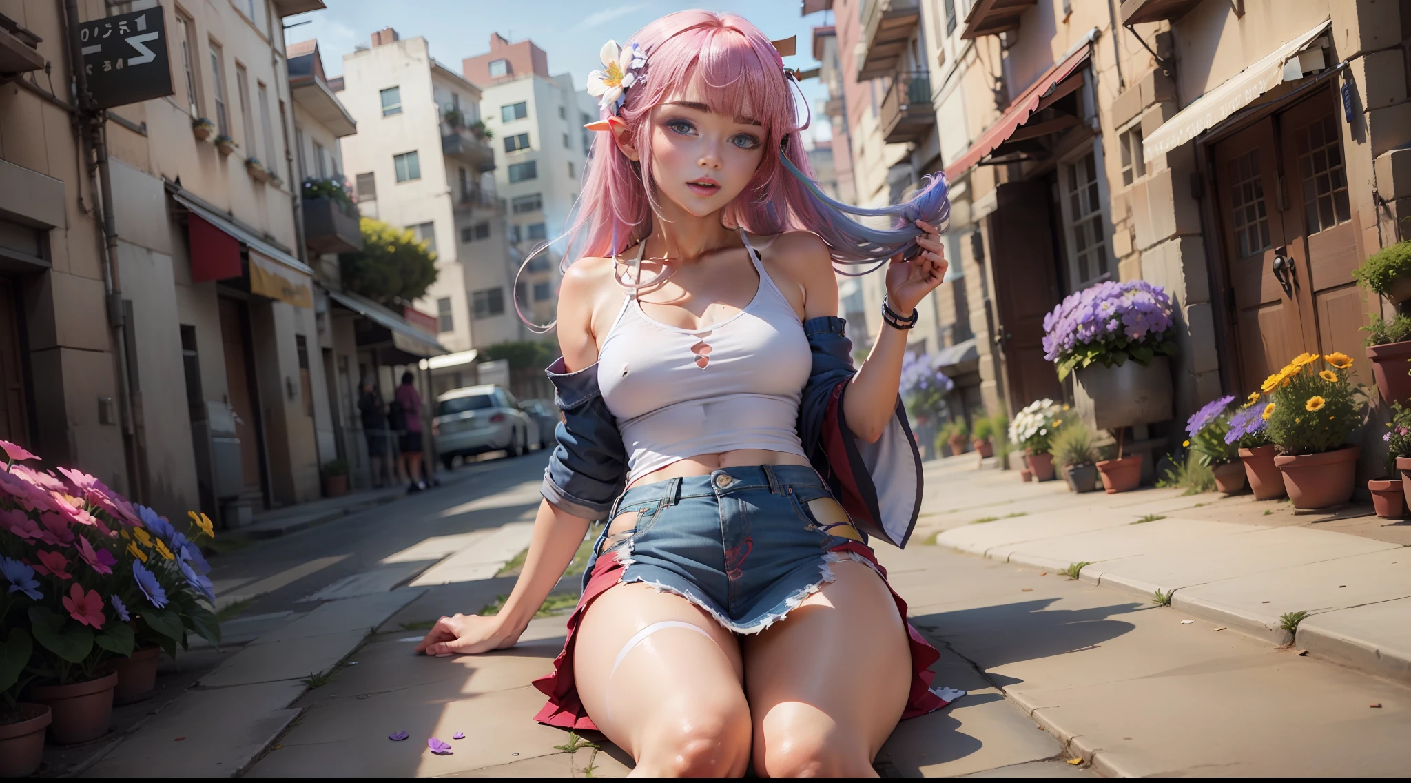 Lolicon， fullllbody， Heterochromia， O cabelo multicolorido， Gradient hair， Denim skirt，exposed bare shoulders， hair flower，Refreshing top dress flowers， Lift the skirt ， first person pov