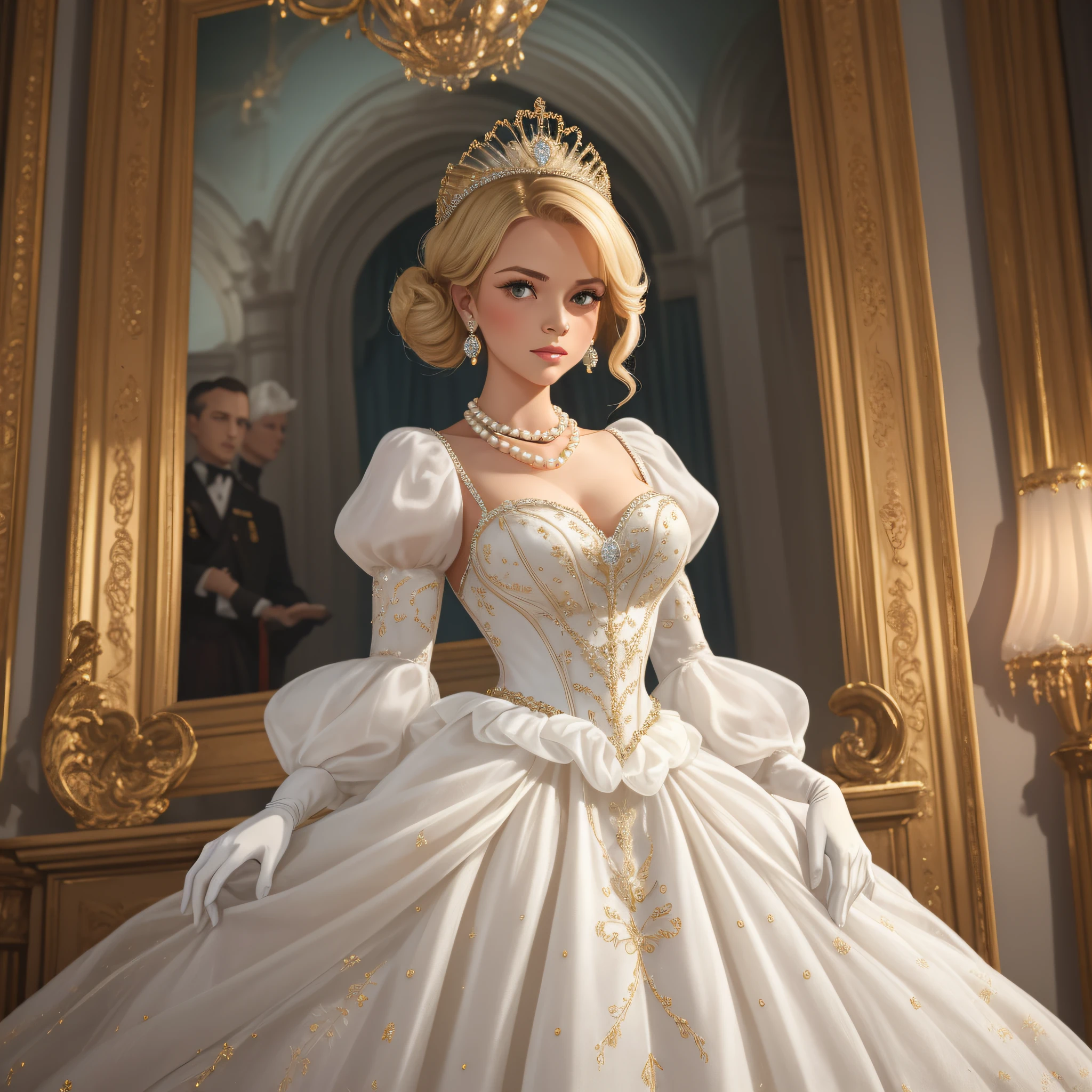 1950s royal style, Formal and Official Coronation Portrait, Portrait of a stunningly beautiful young blonde Queen wearing A Stately and Elaborate Royal Cinderella Ballgown with (((enormous puffed sleeves))) and an hourglass waist, adorned with bows, embroidery, and jewels, long white gloves, pearl necklace and earrings