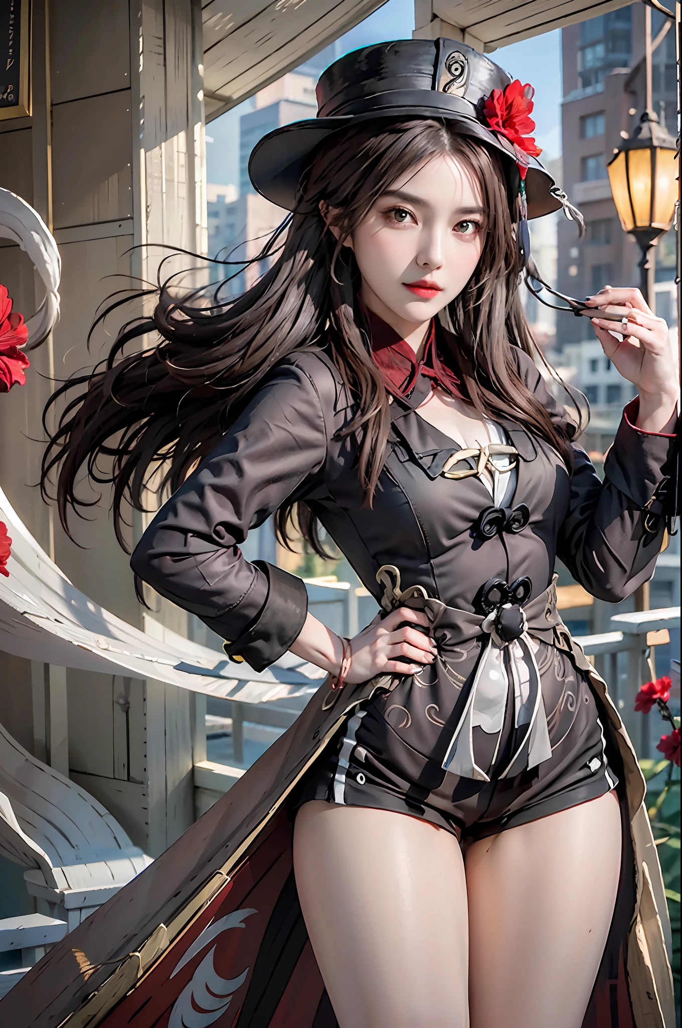 photorealistic, high resolution, 1 girl, hips up, long hair, beautiful eyes,hat_flower, top hat, brown_hair, closed_mouth, hibiscus, red_rose, spider_lily, bangs, brown dress coat, button coat, shorts, thick thighs, hu tao \(genshin impact\