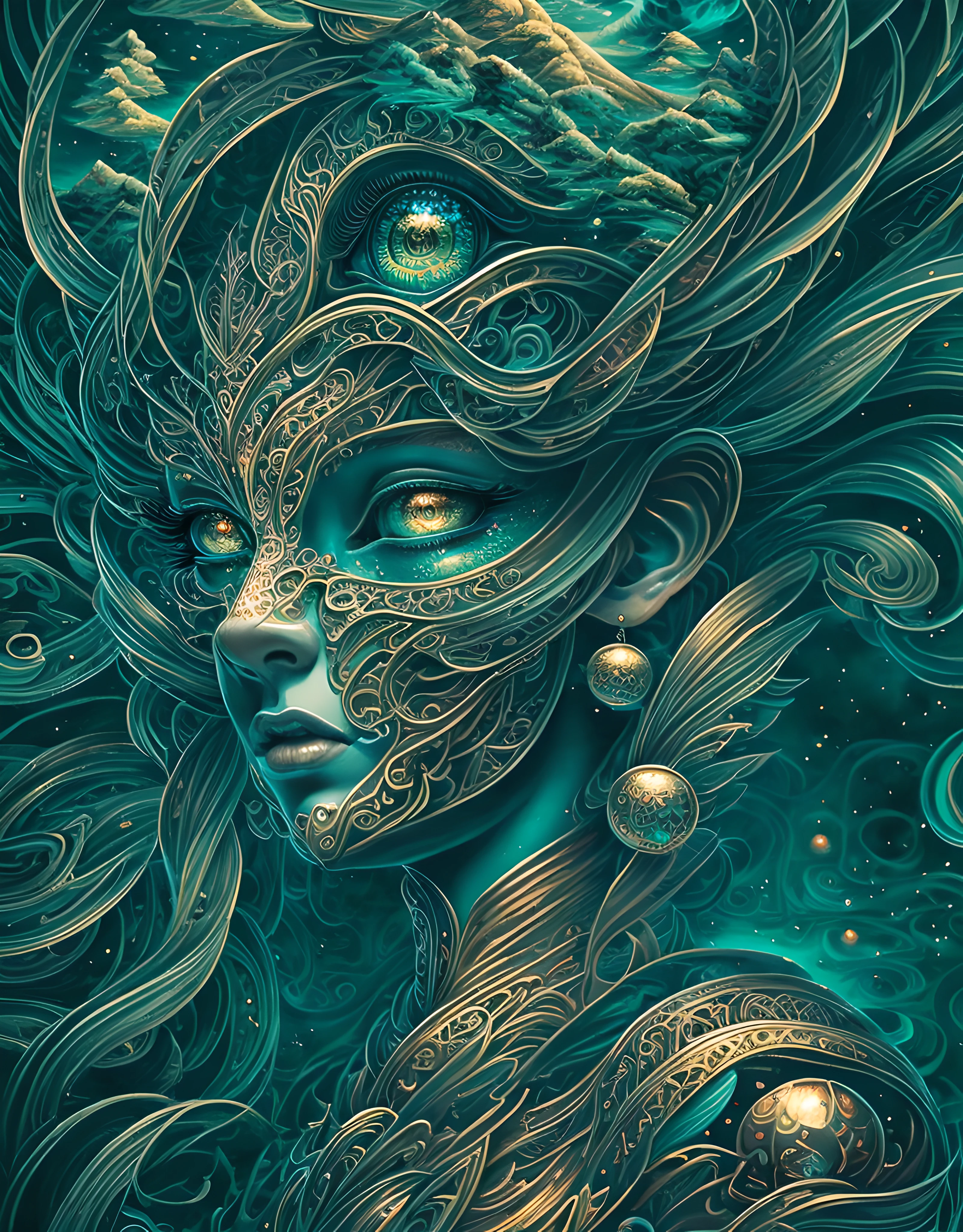 (obra maestra), best surreal obra maestra, calidad superior, mejor calidad, arte oficial, Hermoso and aesthetic:1.2) , Diosa de piel verde y Dios ,niños ,extremadamente detallado,Vistoso,más detallado, arte oficial, Hoja de oro ,Arte de purpurina ,fondo de pantalla de unidad 8k, ultra detallado, Hermoso and aesthetic, Hermoso,fractal art, místico y de otro mundo, con pelaje intrincado y ojos penetrantes, en el impresionante paisaje montañoso de NCWinters ,Alex Gris ,psicodélico, dmt